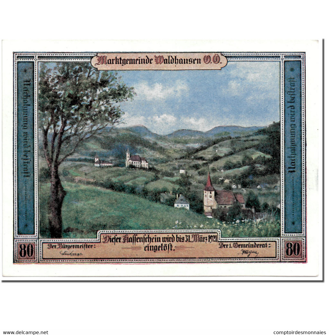 Billet, Autriche, Waldhausen, 80 Heller, Paysage, 1921, SPL, Mehl:1131 - Autriche