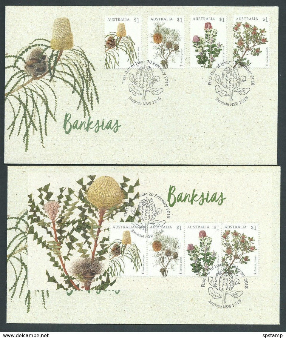 Australia 2018 Banksia Flower Set Of 4 & Miniature Sheet On 2 FDC Official Unaddressed - Covers & Documents