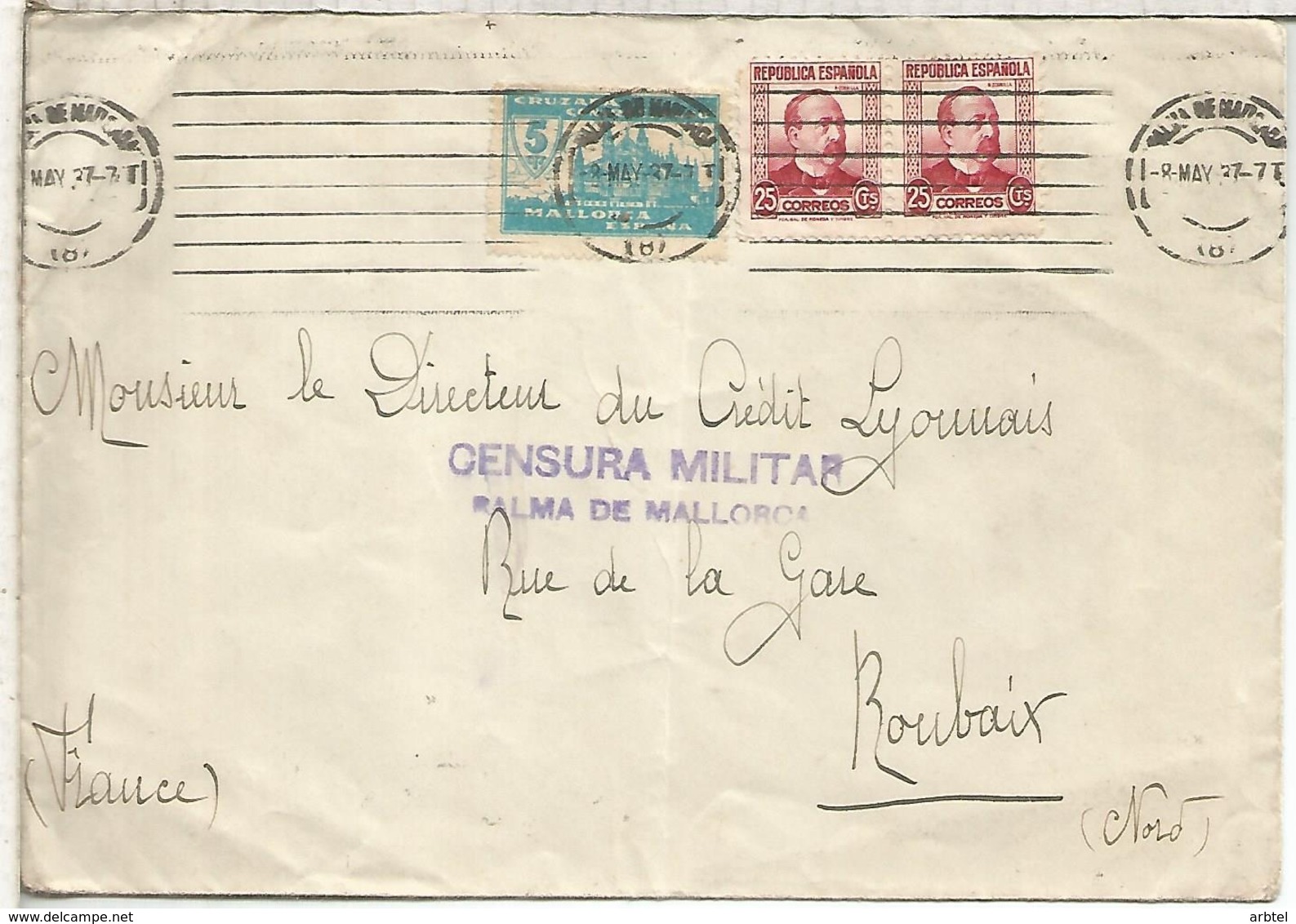 GUERRA CIVIL CC A FRANCIA 1937 CON CENSURA MILITAR VIÑETA PRO PARO Y LLEGADA - Briefe U. Dokumente