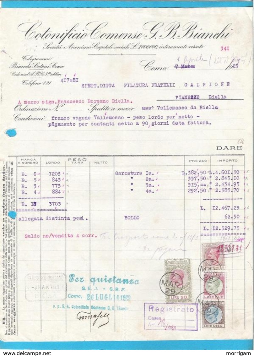 Fattura 1929 - Cotonificio Comense Bianchi Como - Marche Da Bollo - Fiscali