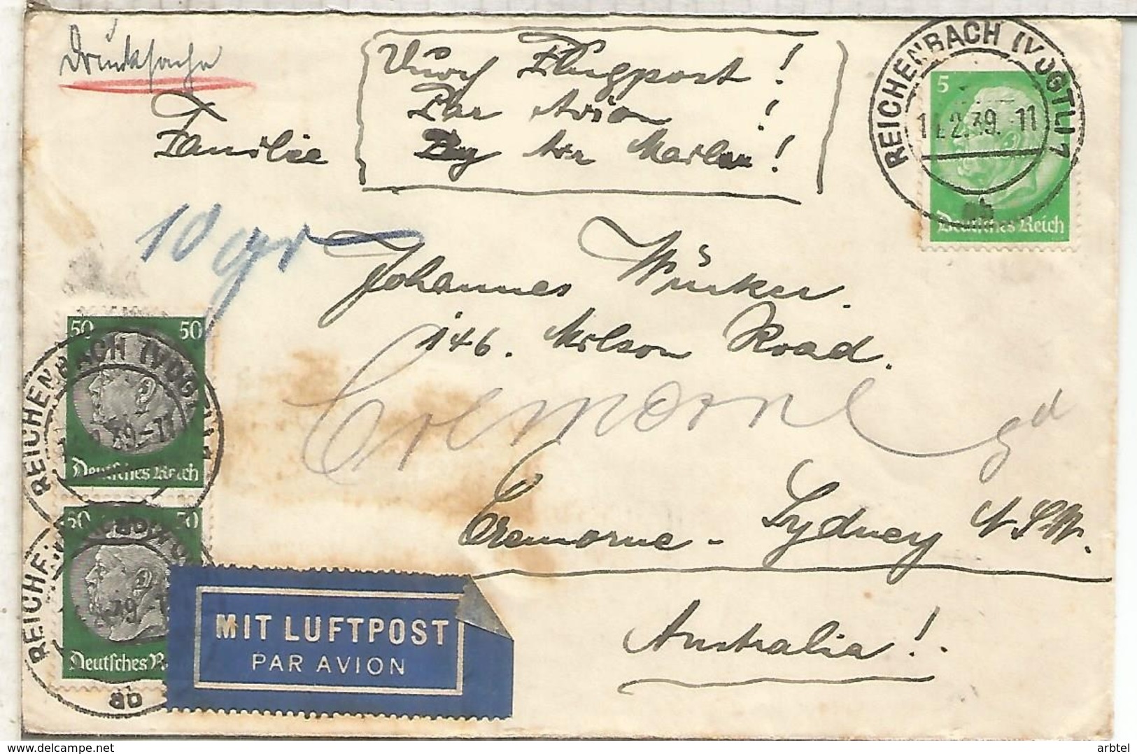 ALEMANIA 3 REICH 1939 REICHENBACH A AUSTRALIA CORREO AEREO - Cartas & Documentos