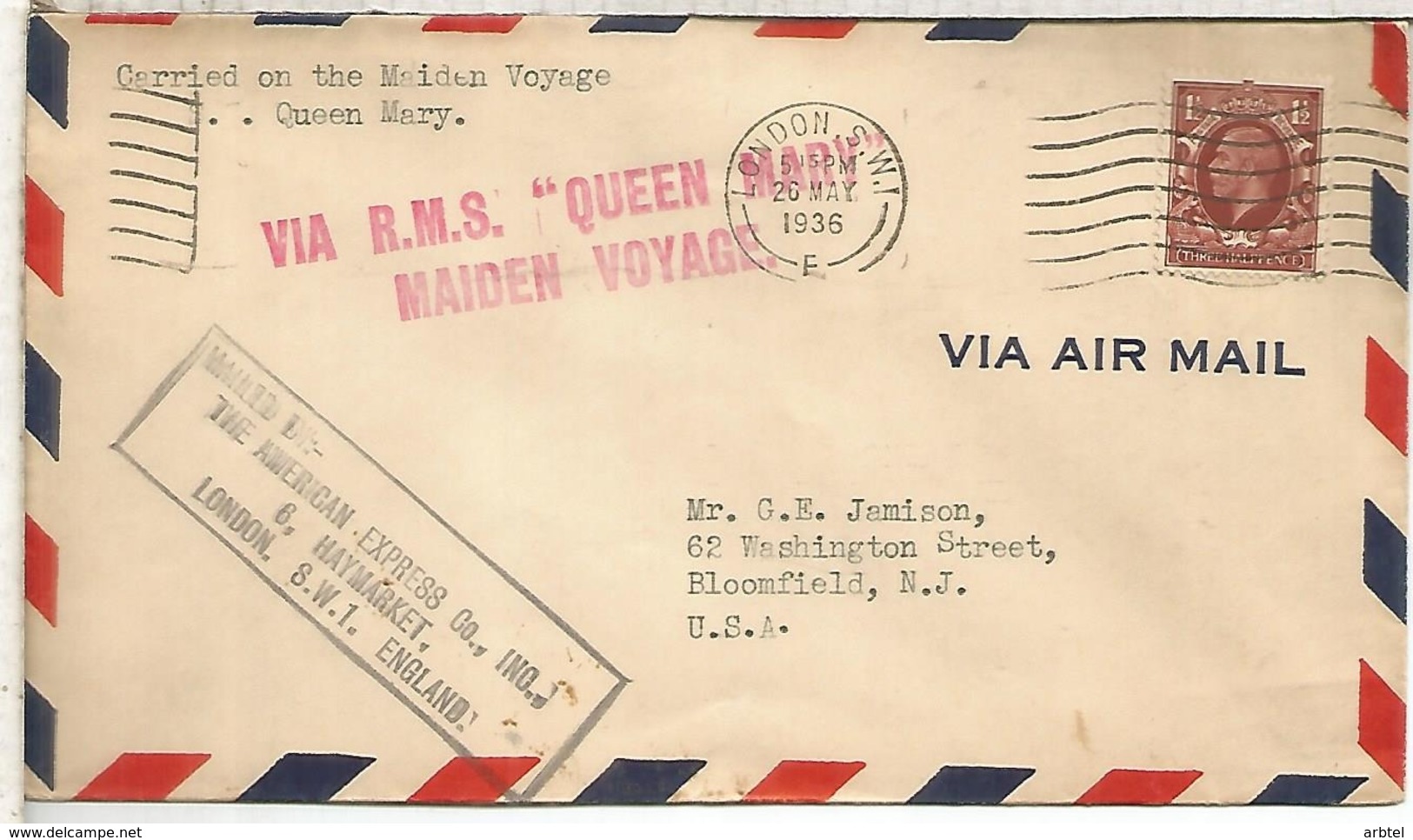 REINO UNIDO LONDON 1936 CC A USA MAIDEN VOYAGE RMS QUEEN MARY - Cartas & Documentos