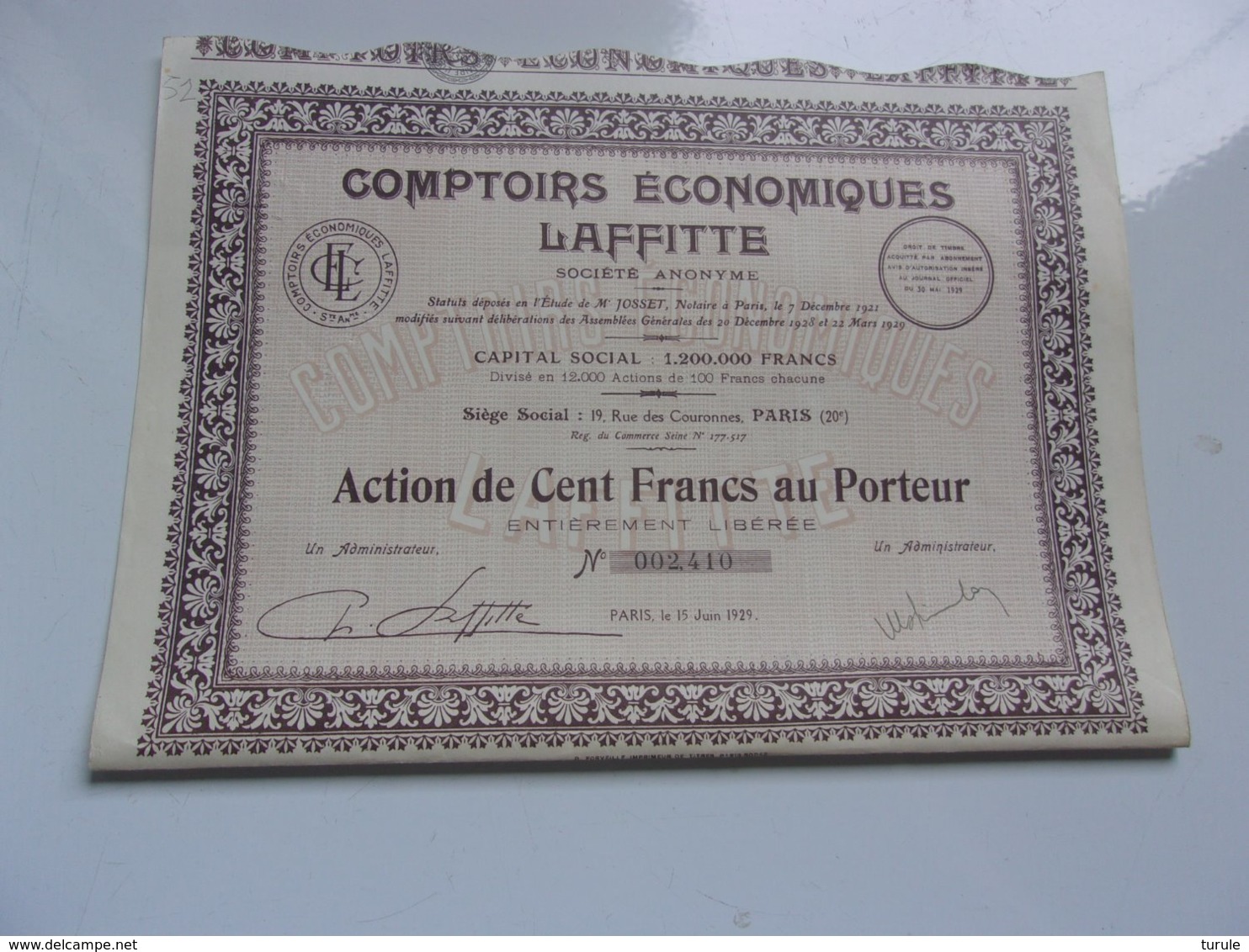 COMPTOIRS ECONOMIQUES LAFFITTE (100 Francs) 1929 - Autres & Non Classés
