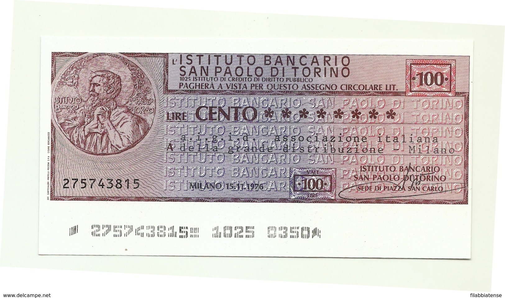 1976 - Italia - Istituto Bancario San Paolo Di Torino - A.I.G.I.D. Ass. Italiana Della Grande Distribuzione - Milano - [10] Scheck Und Mini-Scheck