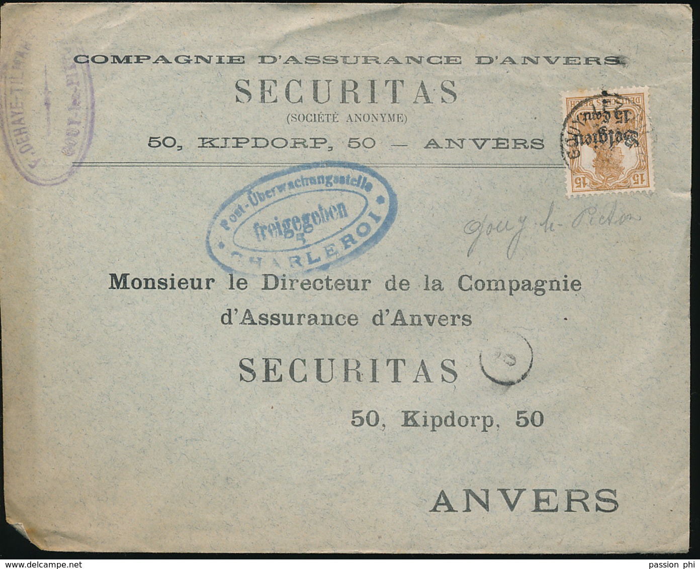 BELGIUM  WW1 COVER FROM GOUY LEZ PIETON TO ANTWERPEN - OC1/25 General Government