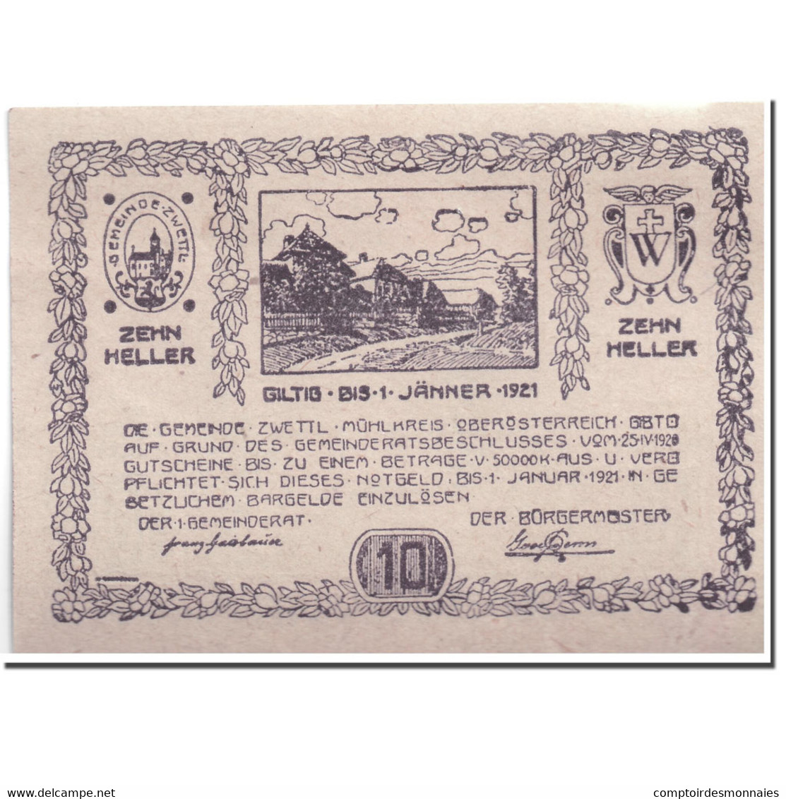 Billet, Autriche, Zwettl, 10 Heller, Paysage, 1920, 1920-04-25, SPL, Mehl:FS - Autriche