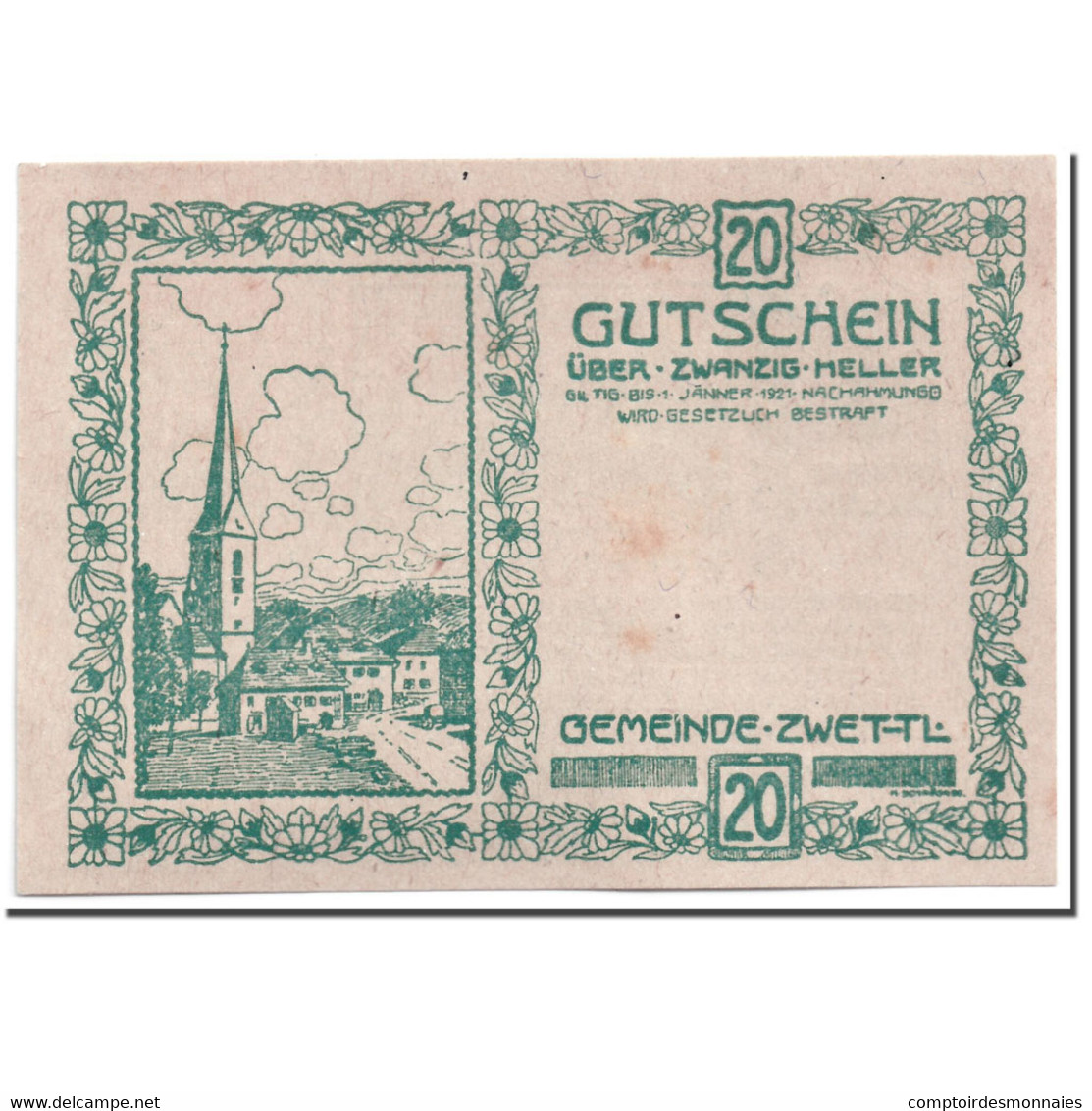 Billet, Autriche, Zwettl, 20 Heller, Paysage, 1920, 1920-04-25, SPL, Mehl:FS - Autriche