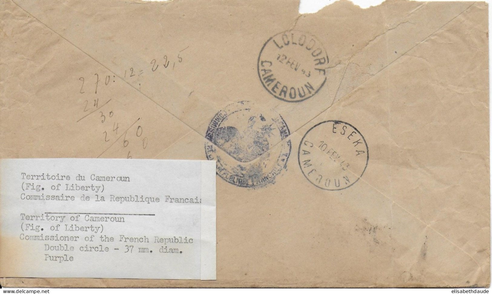 CAMEROUN - 1943 - ENVELOPPE En FRANCHISE Du COMMISSAIRE De La REPUBLIQUE à YAOUNDE  => N'GOVAYANG - Lettres & Documents