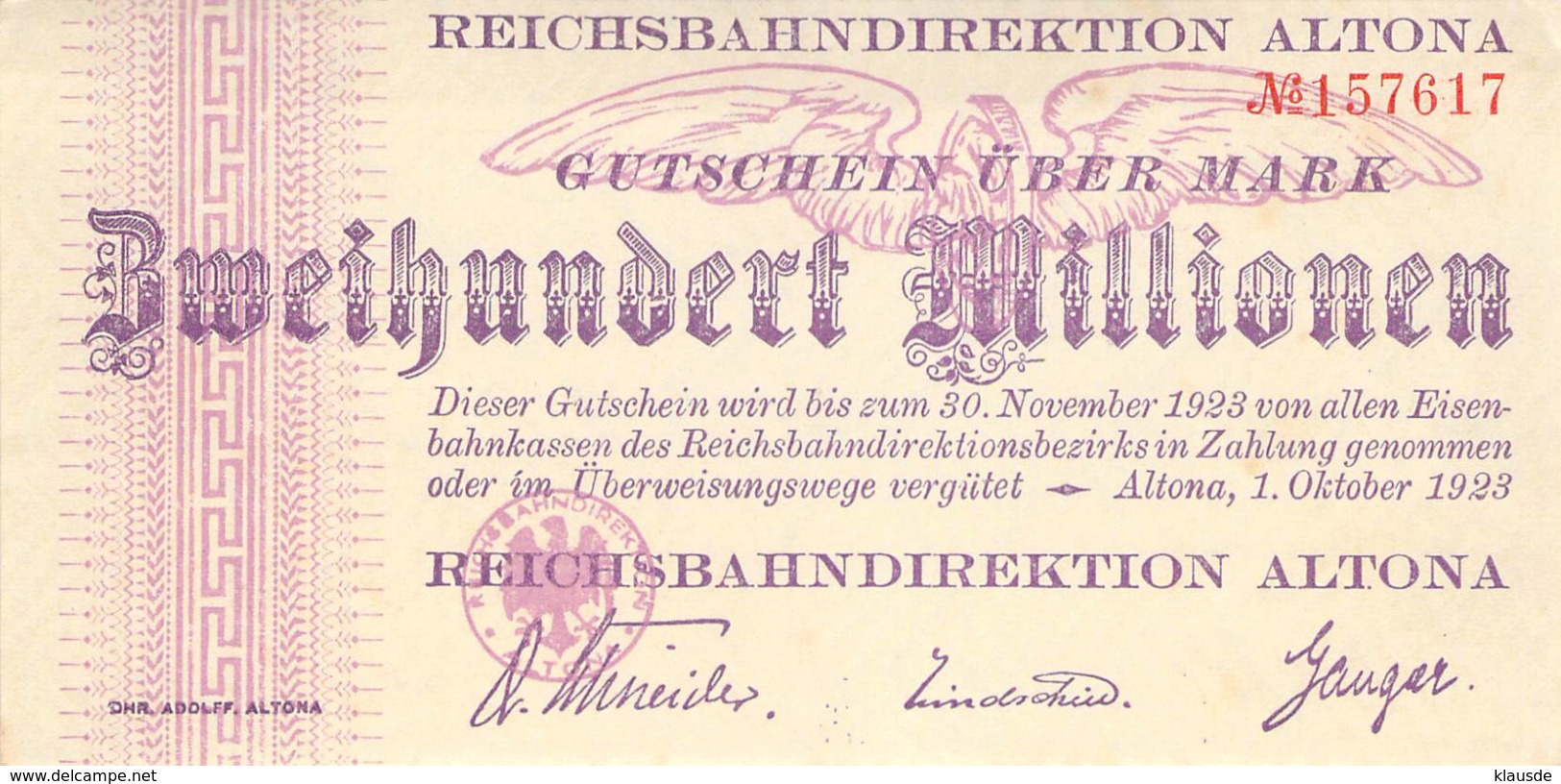 200 Mio Deutsche Reichsbahn  Altona UNC (I) - 100 Mio. Mark