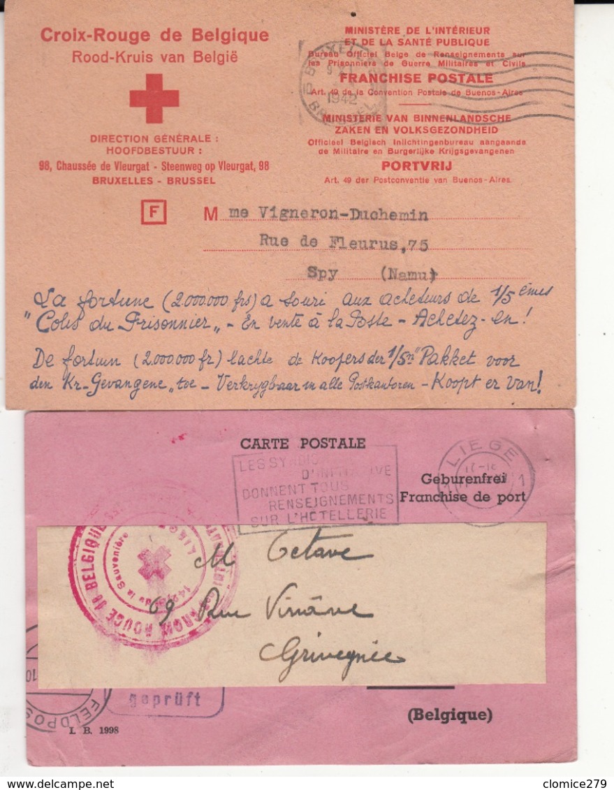 Guerre  1942  Cartes Croix Rouge - Weltkrieg 1939-45 (Briefe U. Dokumente)