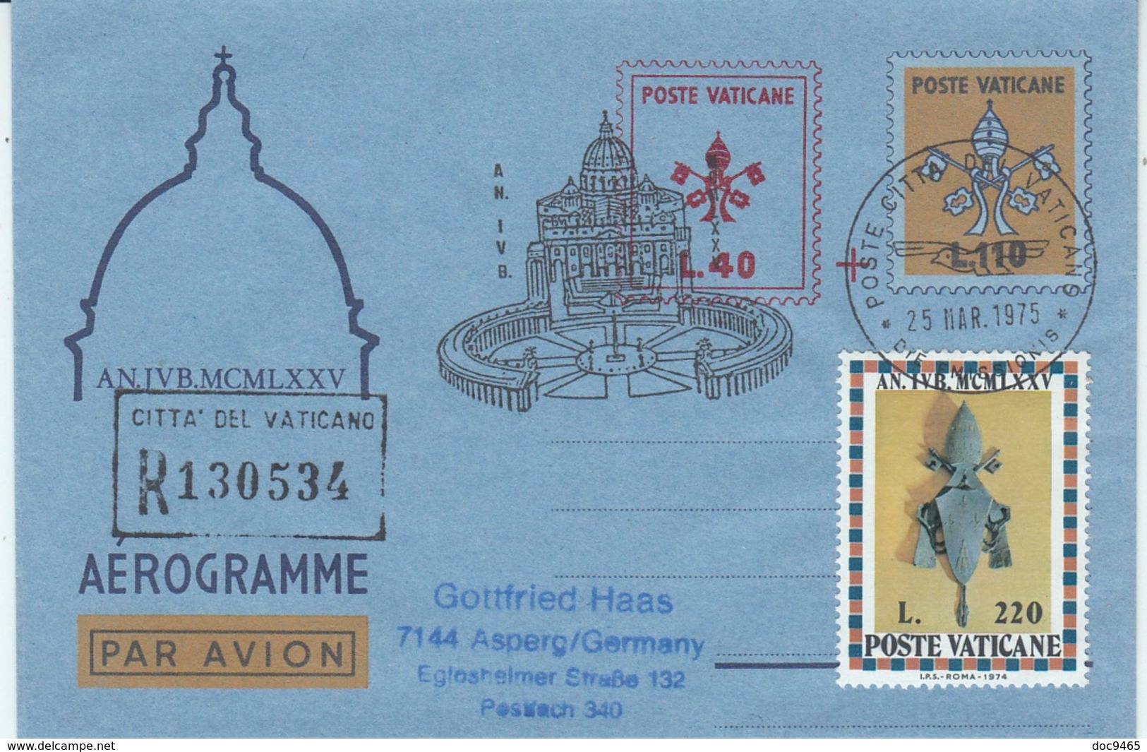 Aerogramma Vaticano 1975 L. 110 + L. 40 In Raccomandata Per La Germania - Postal Stationeries