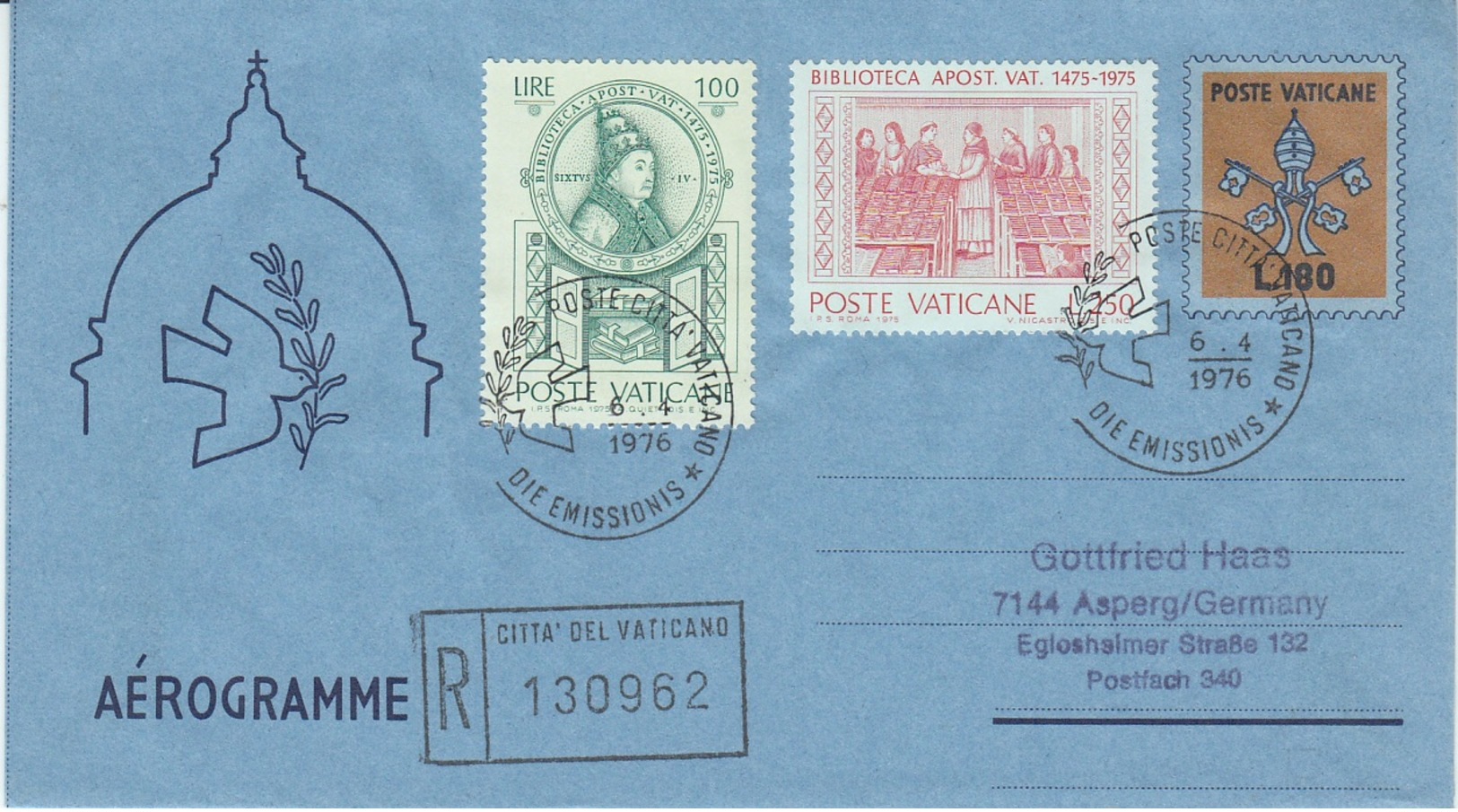 Aerogramma Vaticano 1976 L. 180 Viaggiato In Raccomandata Per La Germania - Enteros Postales