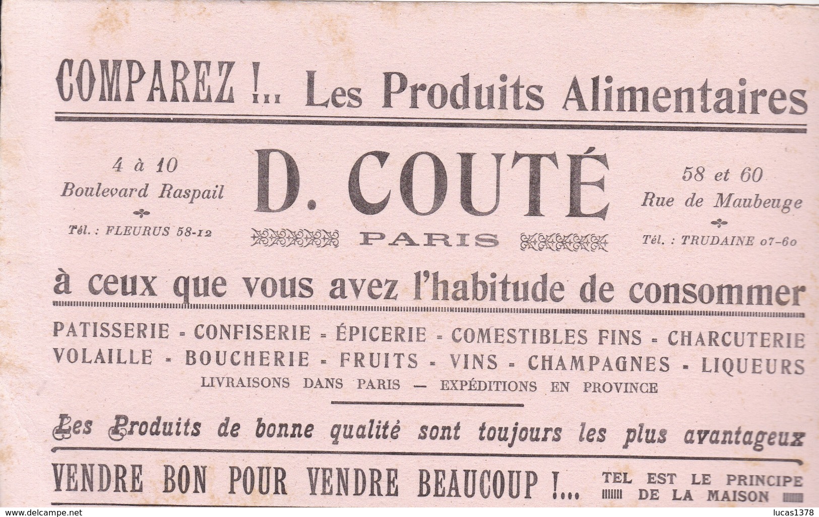 PARUS / PRODUITS ALIMENTAIRES  COUTE /BD RASPAIL / RUE DE MAUBEUGE / RARE - Alimentos