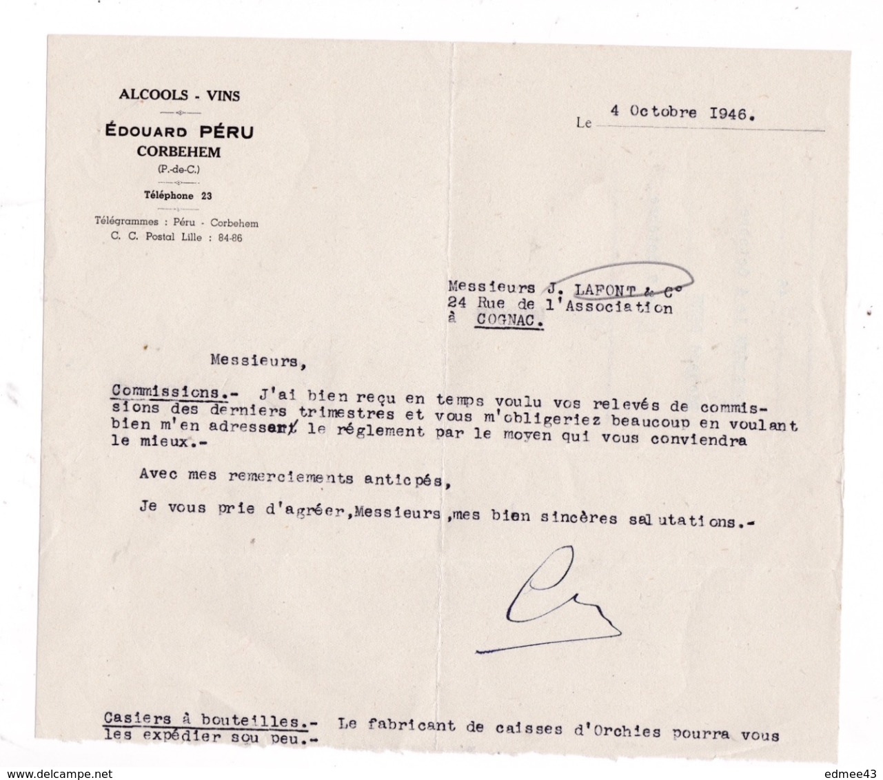 Courrier 1946 Vins Edouard Péru, Corbehem, Pas-de-Calais, à Lucien Foucauld & Cie Distillateur Cognac - Otros & Sin Clasificación