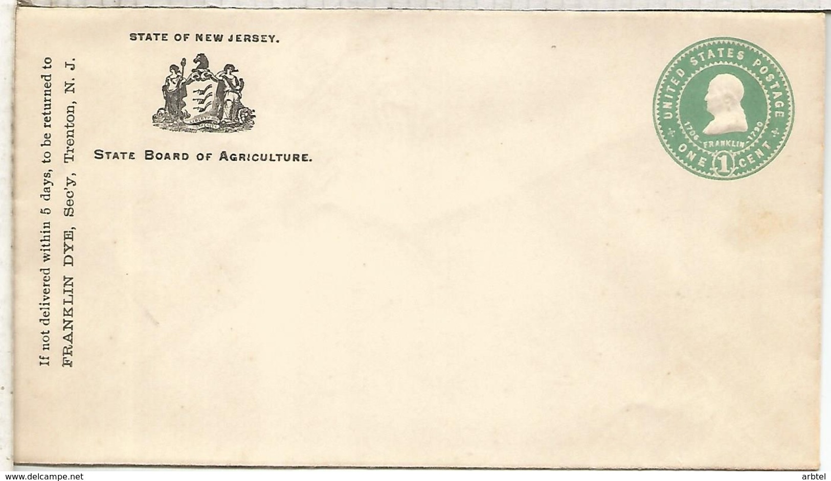 ESTADOS UNIDOS ENTERO POSTAL USA STATE BOARD OF AGRICULTURE NEW JERSEY - Agricultura