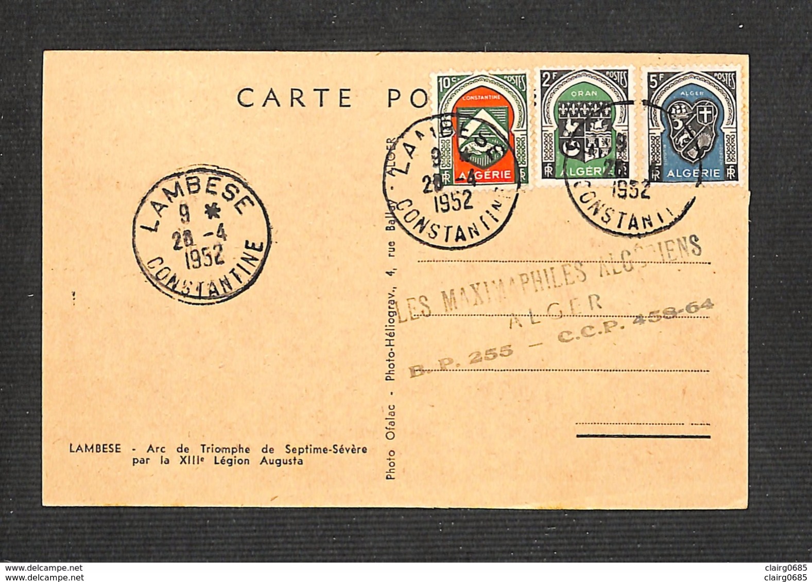 ALGÉRIE - Carte Maximum 1952 - CONSTANTINE - LAMBESE - Arce De Triomphe De Septime-Sévère - Maximumkarten