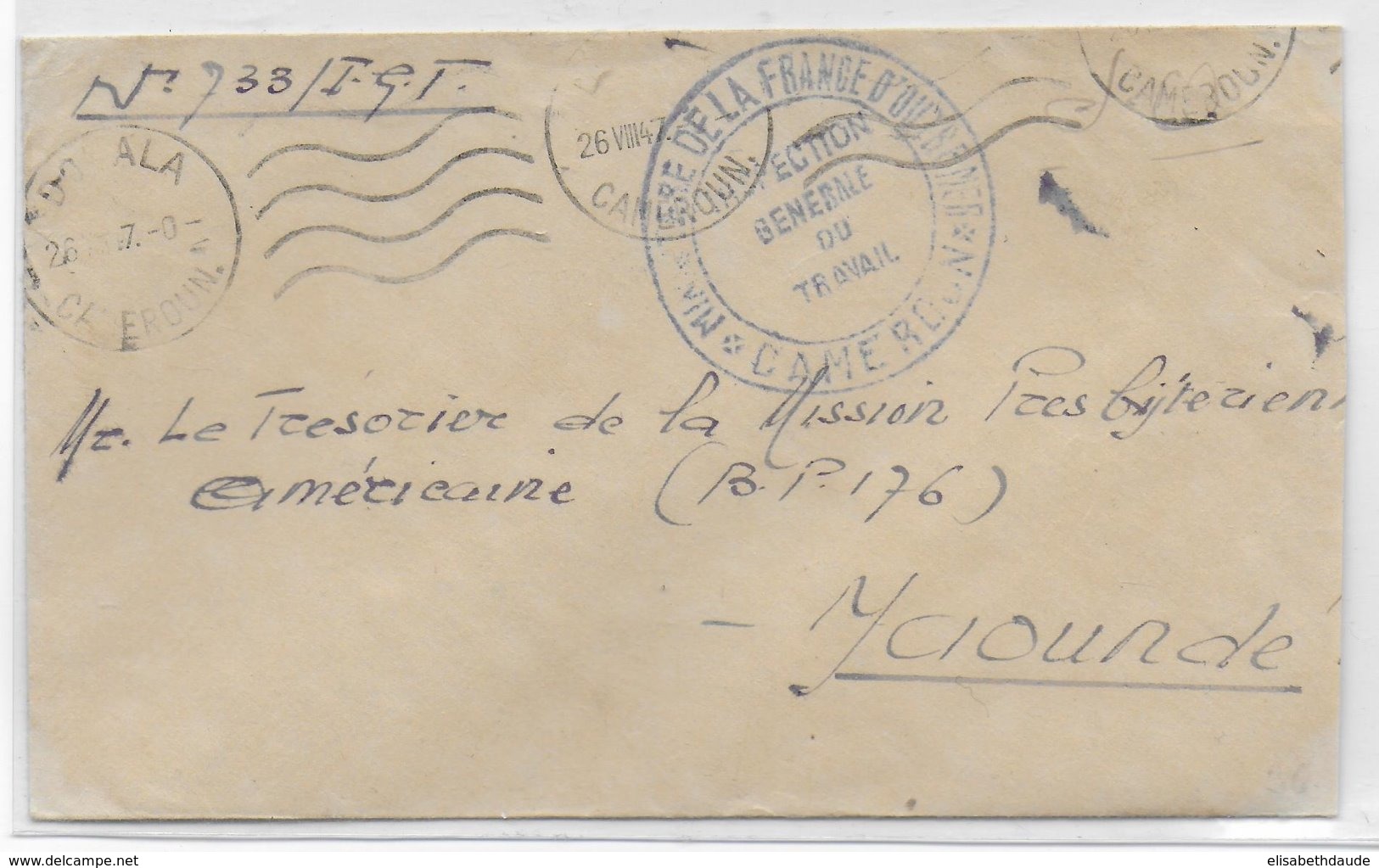 CAMEROUN - 1947 - ENVELOPPE En FRANCHISE DE L'INSPECTION Du TRAVAIL à DOUALA => YAOUNDE - Covers & Documents