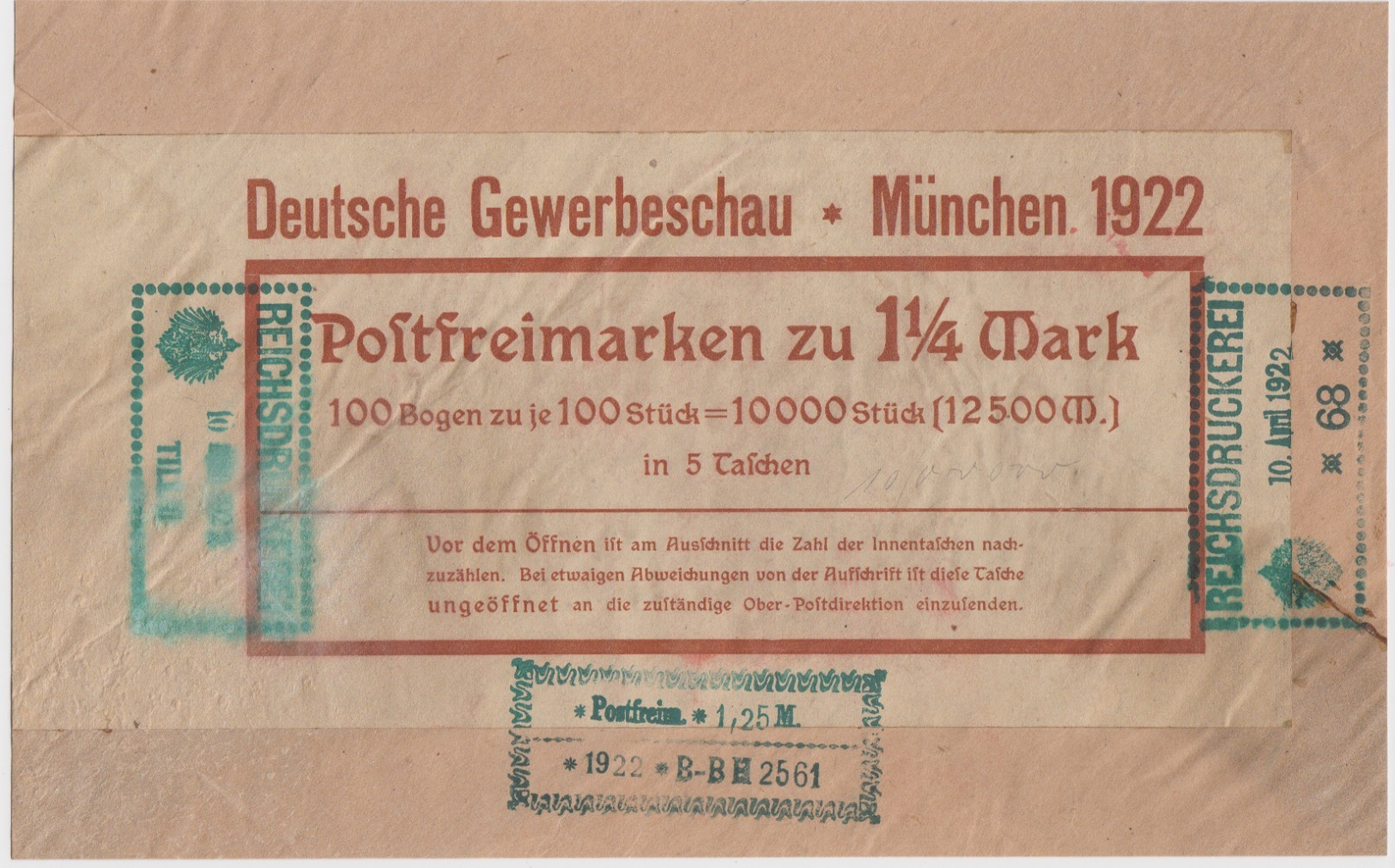 Dt.Reich 10.April 22 Bogentaschenausschnitte Mit Aufkleber " Deutsche Gewerbeschau München 1922 ... - Briefe U. Dokumente