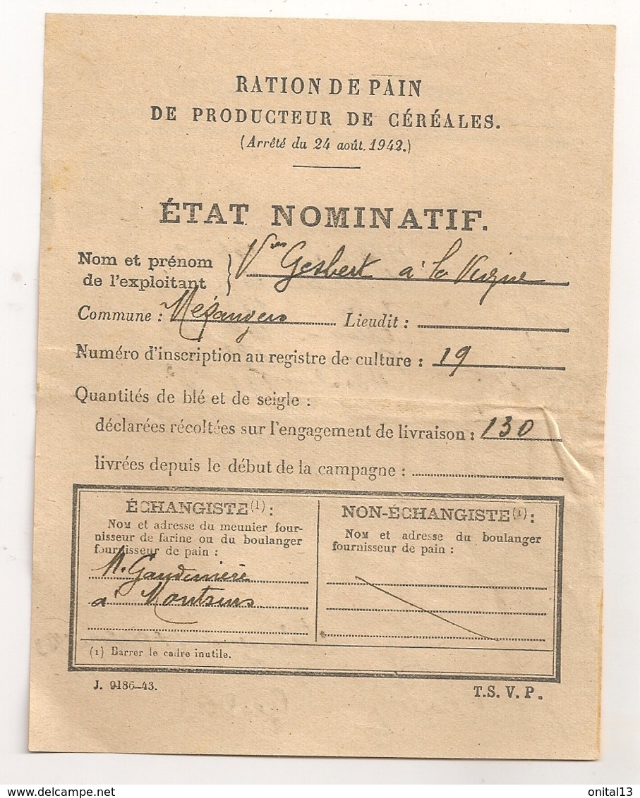 1943 RATION DE PAIN DE PRODUCTEUR DE CEREALES MEZANGER MAYENNE RATIONNEMENT B780 - Documents Historiques