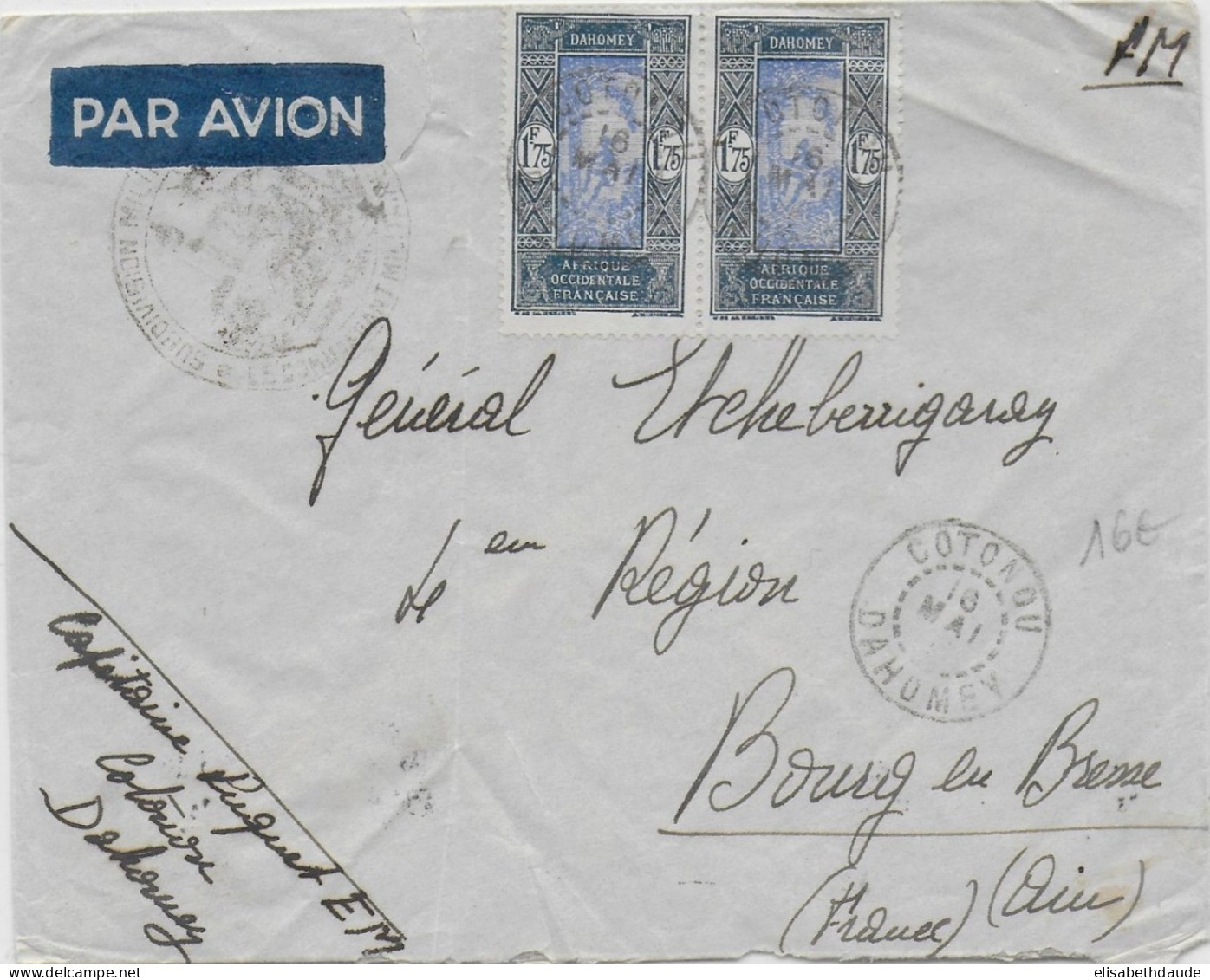 DAHOMEY - 1942 - ENVELOPPE FM Par AVION De COTONOU => BOURG EN BRESSE - Covers & Documents