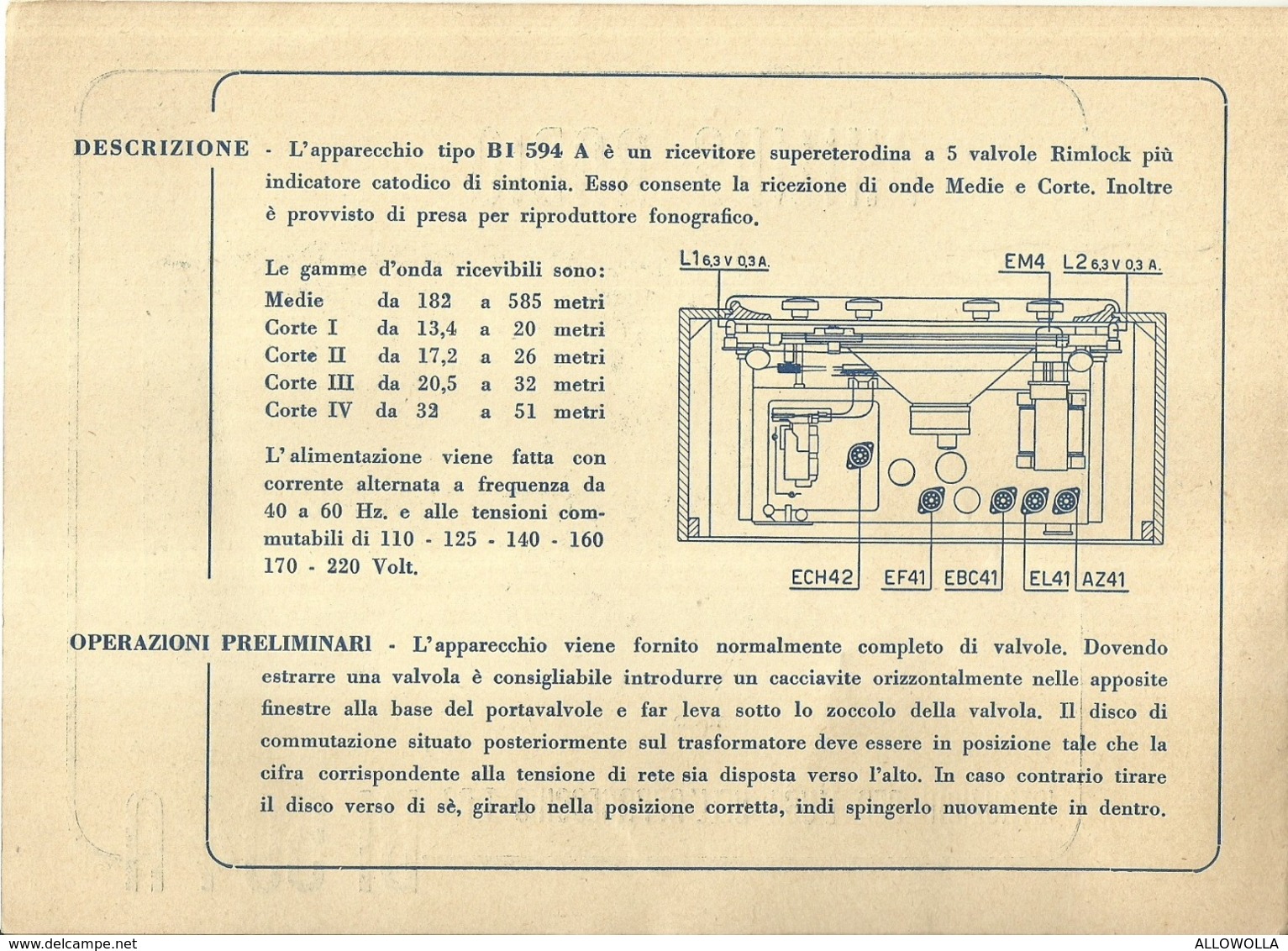 5248 " PHILIPS RADIO-ISTRUZIONI PER L'USO DELL'APPARECCHIO TIPO BI 594 A" ORIGINALE - Non Classificati