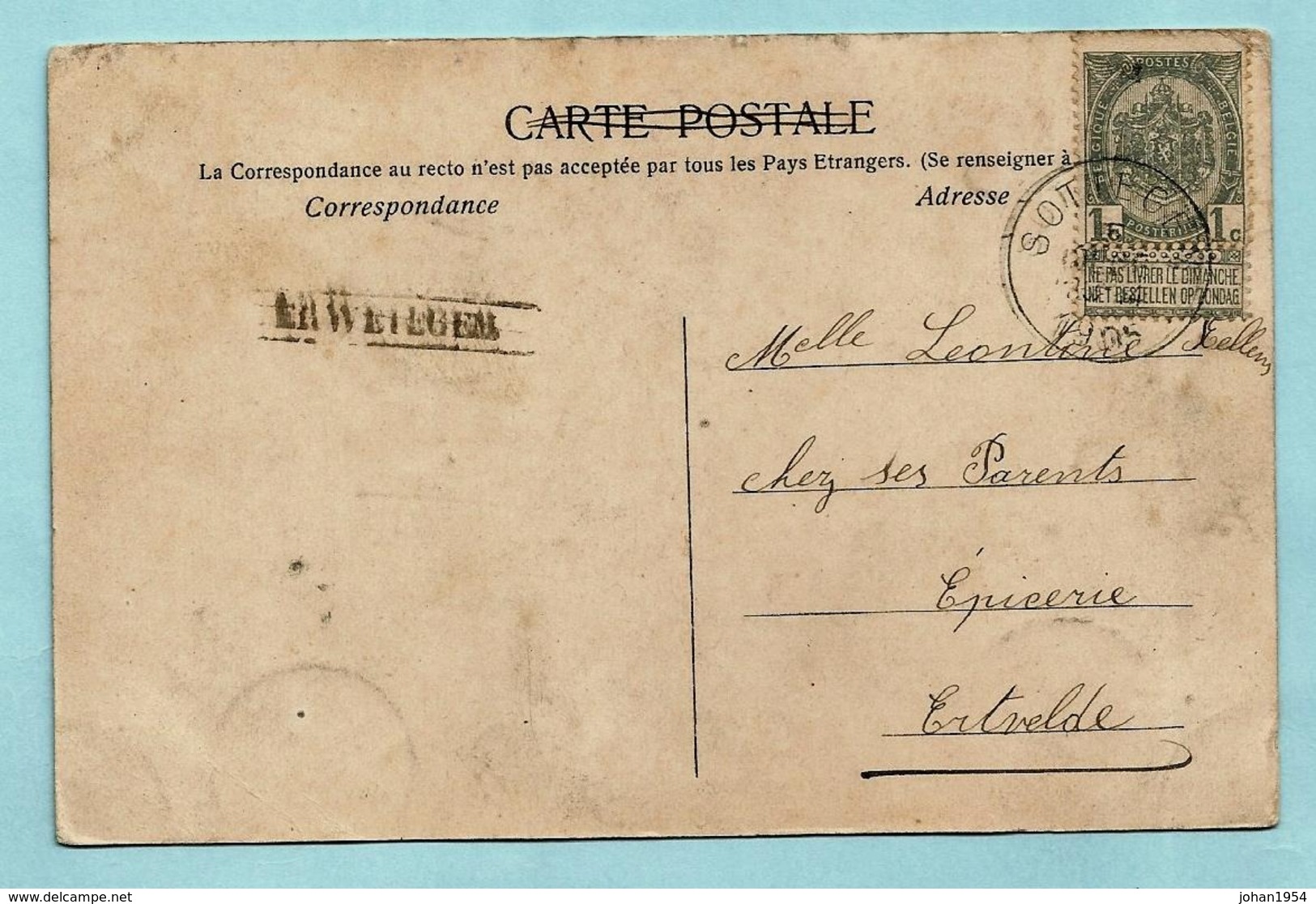 N°56 Op Postkaart, Griffe ERWETEGEM Via SOTTEGHEM 1905 Naar Ertvelde - Griffes Linéaires