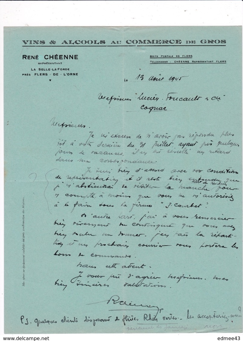 Courrier 1945 René Chéenne Représentant, La Selle-la-Forge, Flers-de-l'Orne, à Lucien Foucauld & Cie Distillateur Cognac - Alimentaire