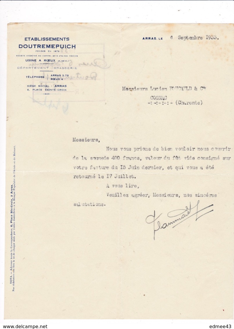 Courrier 1933 Ets Doutremepuich, Usine à ,Rœux,6 Place Ste-Croix, Arras, à Lucien Foucauld & Cie, Distillateur, Cognac - Alimentaire