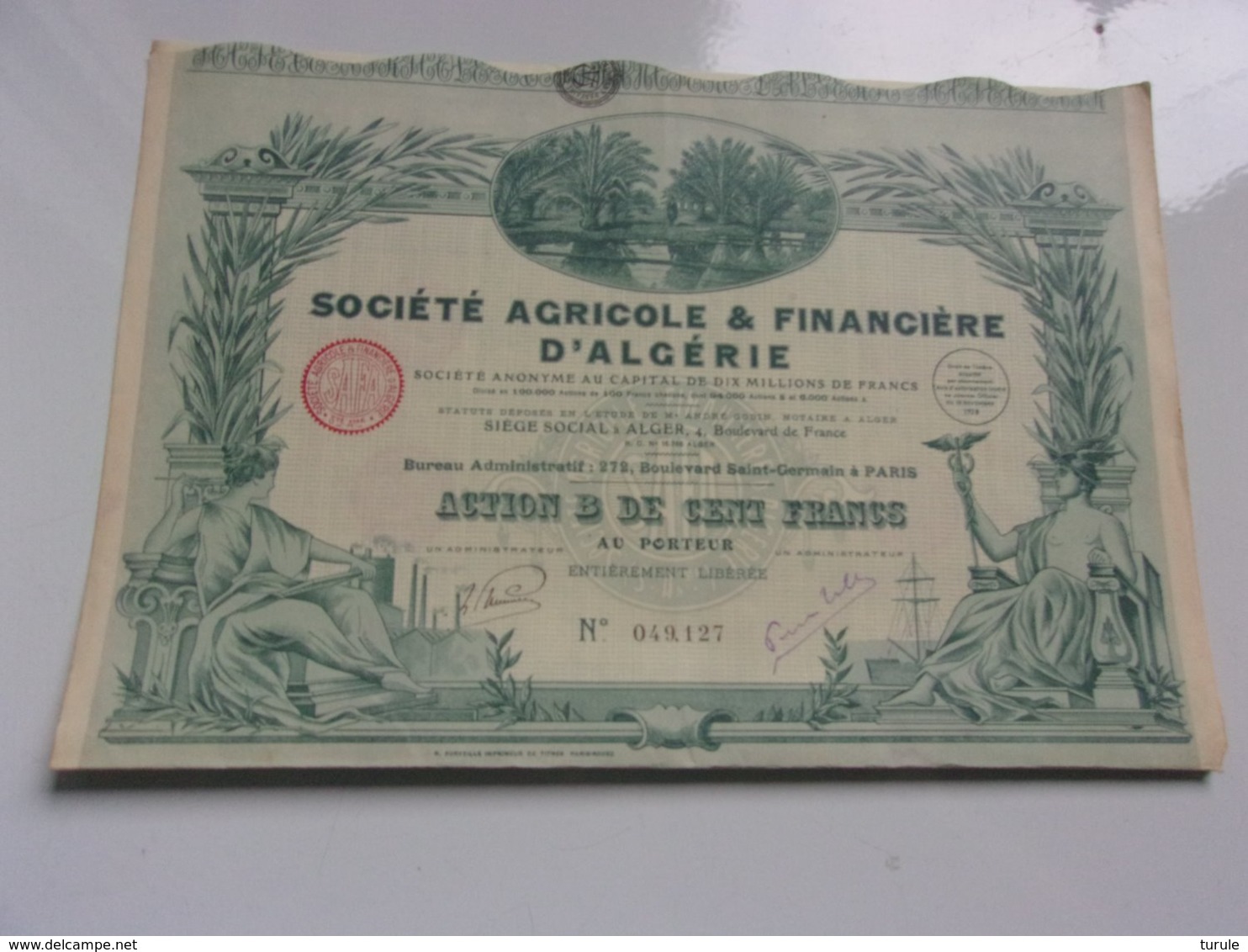 Agricole & Financière D'algérie (100 Francs) 1928 - Autres & Non Classés