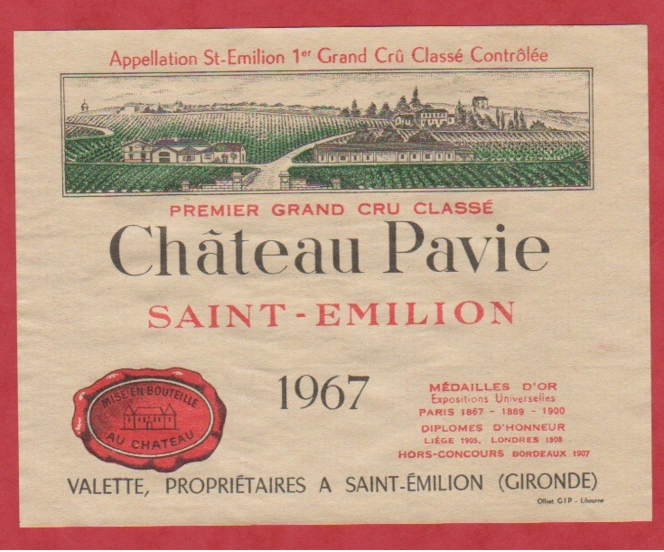 Etiquette - Vin - France - St. Emilion - 1967 - Château Pavie. - Autres & Non Classés