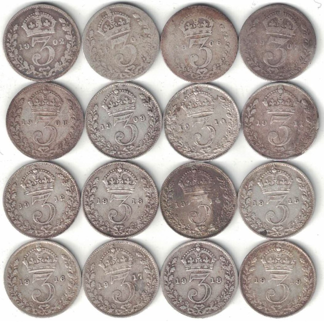British Collection Of 16x 3 Pence Coins 1902-1919 All Listed & Different - F. 3 Pence