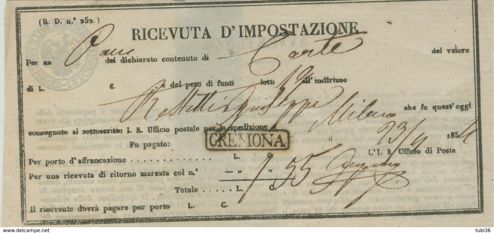 REGNO LOMBARDO-VENETO ,RICEVUTA D'IMPOSTAZIONE ,PER UN PACCO ,1854 -CREMONA -MILANO - Lombardo-Veneto