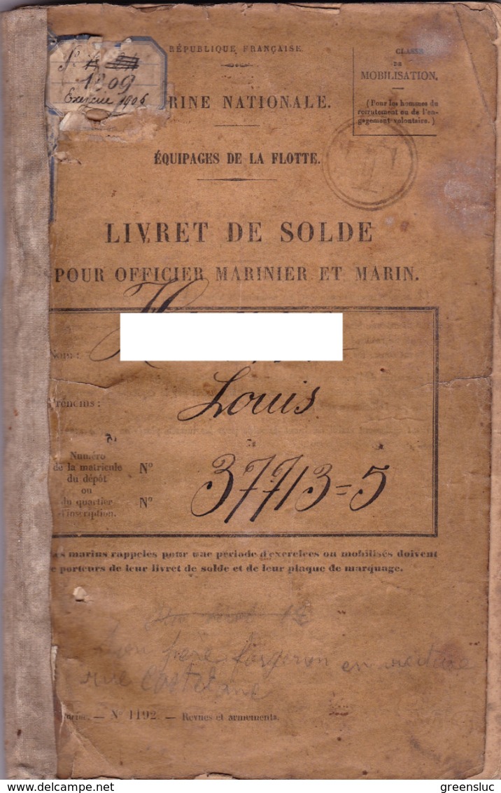 Livret De Solde Pour Officier-marinier Ou Marin  1902 - 1907 - Documents