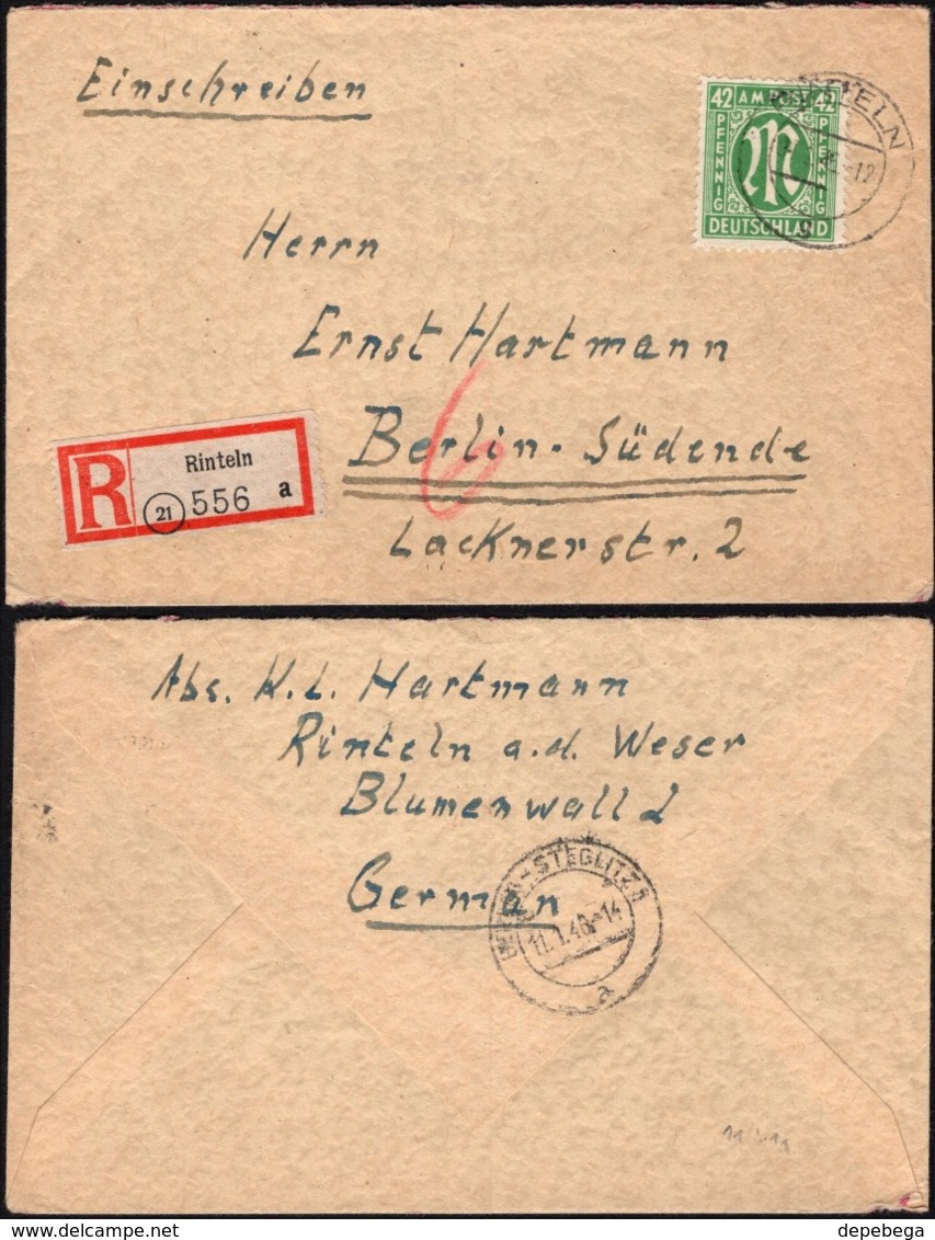 Germany - Allied Occupation, AM - Zone, Mi. 31 EF Reg. Cover. RINTELN 11.1.1946 - BERLIN Steglitz. - Other & Unclassified