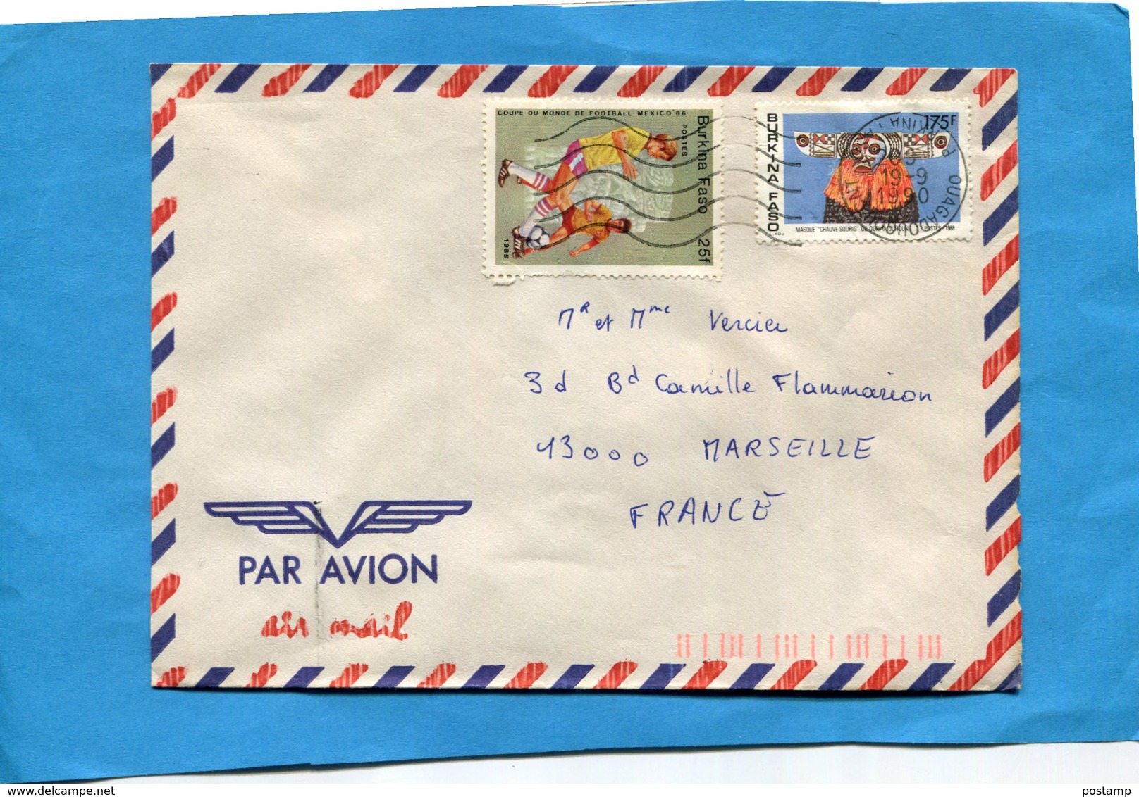 MARCOPHILIE- Lettre BURKINA FASO>Françe-cad 1990 2 Stamps N°667-foot Coupe Mexico-86-sport+780 Masque+ - Burkina Faso (1984-...)