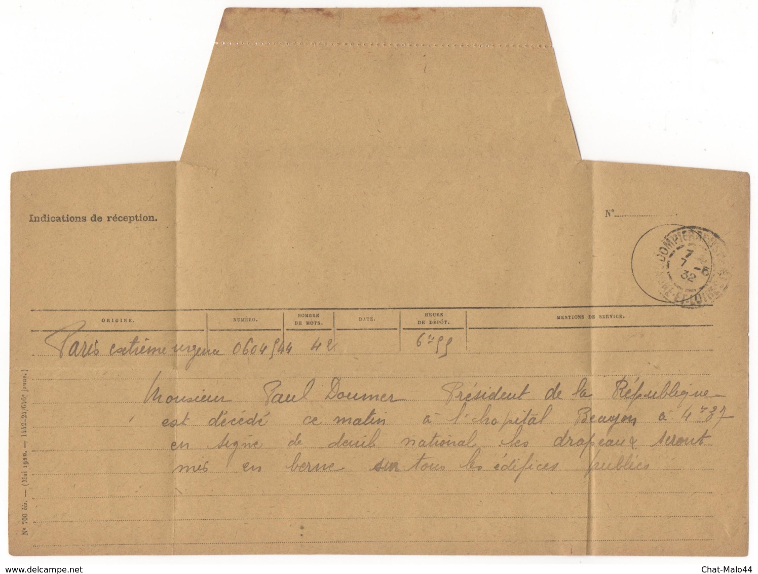Télégramme Officiel Extrème Urgence Du 7 Mai 1932 Annonçant La Mort De Paul Doumer, Président De La République - Collections