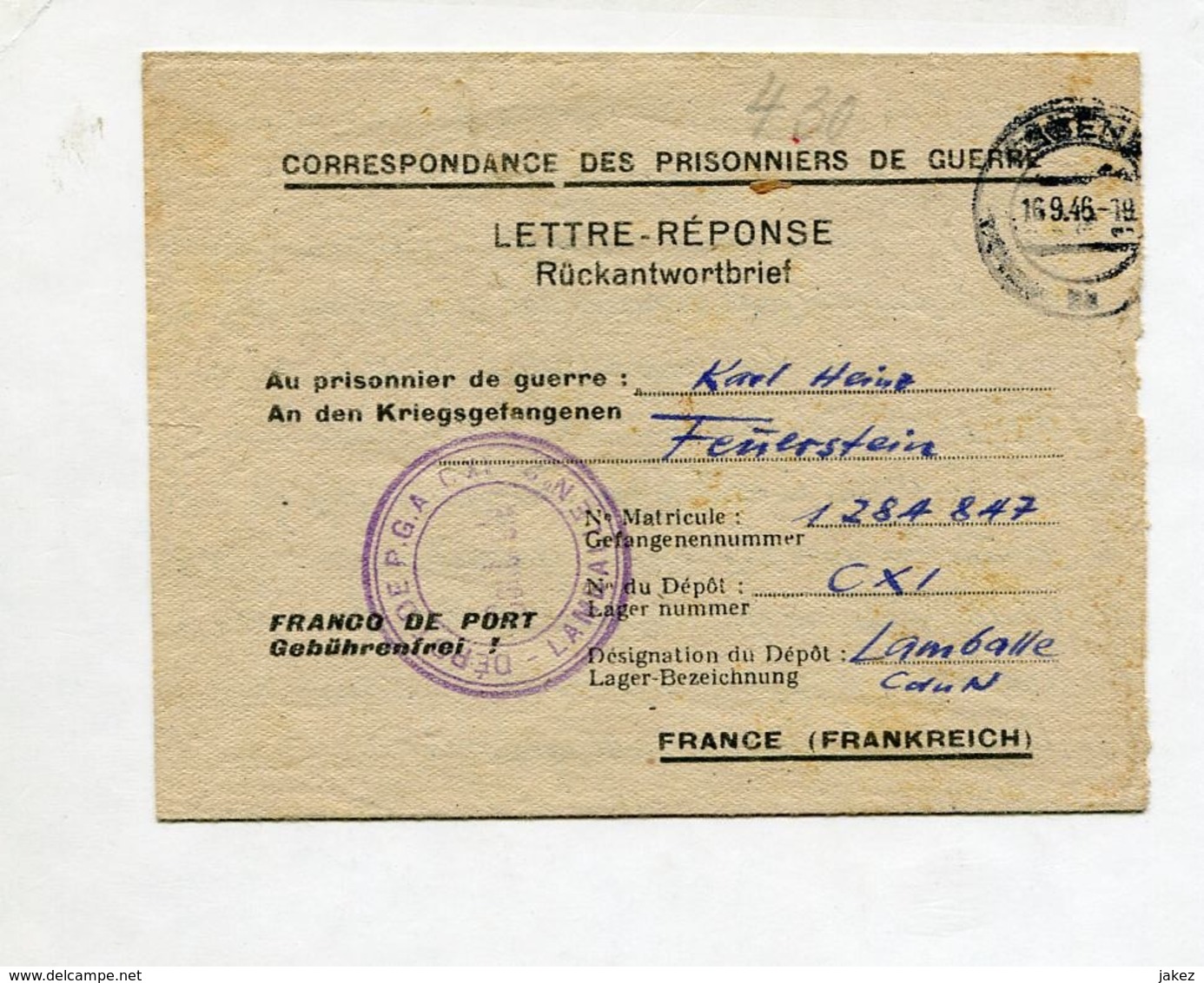 Lettre-réponse D'ESSEN à Destination D'un Prisonnier Allemand Du Camp De Lamballe 1946 - Guerre De 1939-45