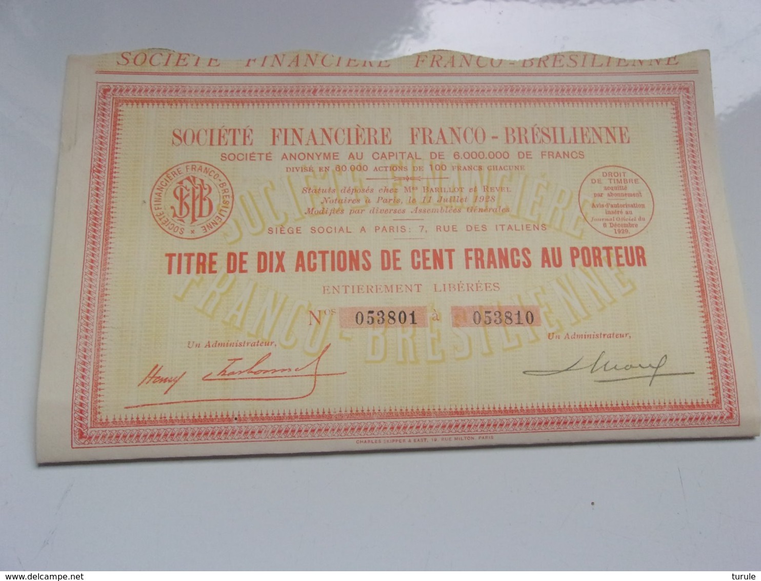 FINANCIERE FRANCO BRESILIENNE (titre De 10 Actions De 100 Francs) 1929 - Autres & Non Classés