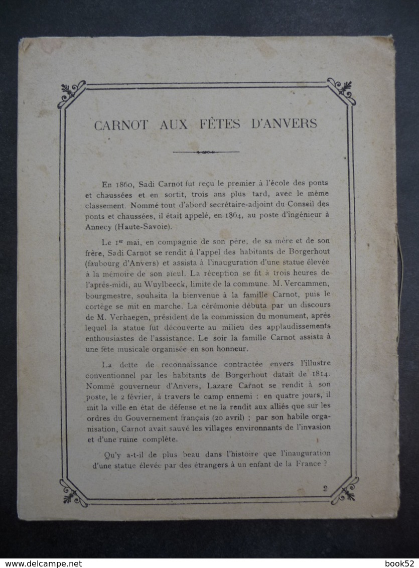 Ancien Protège-cahier Couverture "La Vie Du Président CARNOT - Inauguration Statue à ANVERS" (CAHIER COMPLET) - Protège-cahiers