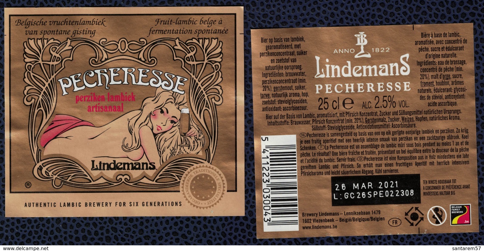 Belgique Lot 2 Étiquettes Bière Beer Labels Pêcheresse Lambic Fruit Lindemans - Bière