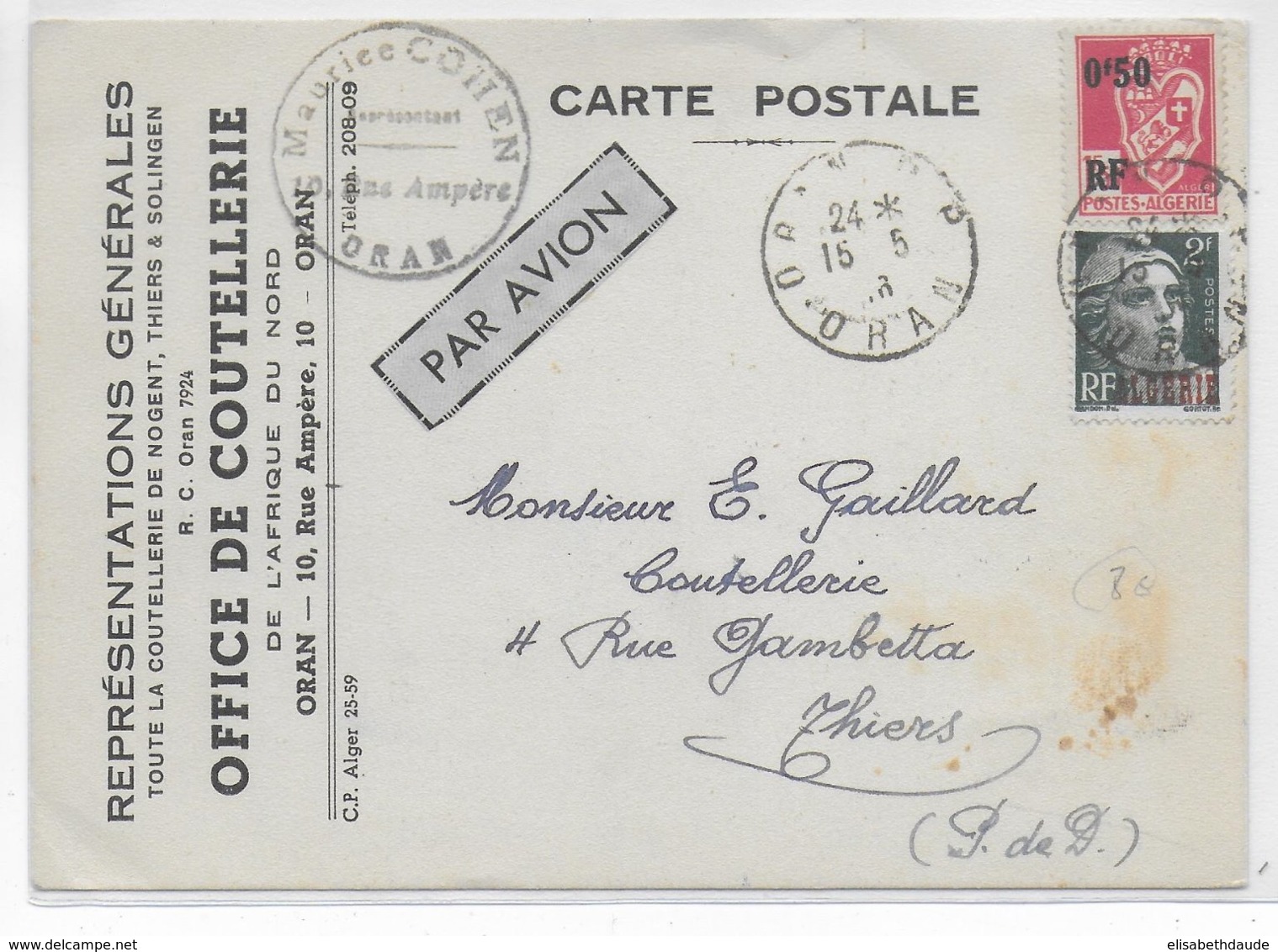 ALGERIE - 1946 - CARTE COMMERCIALE Par AVION De ORAN => THIERS - Briefe U. Dokumente