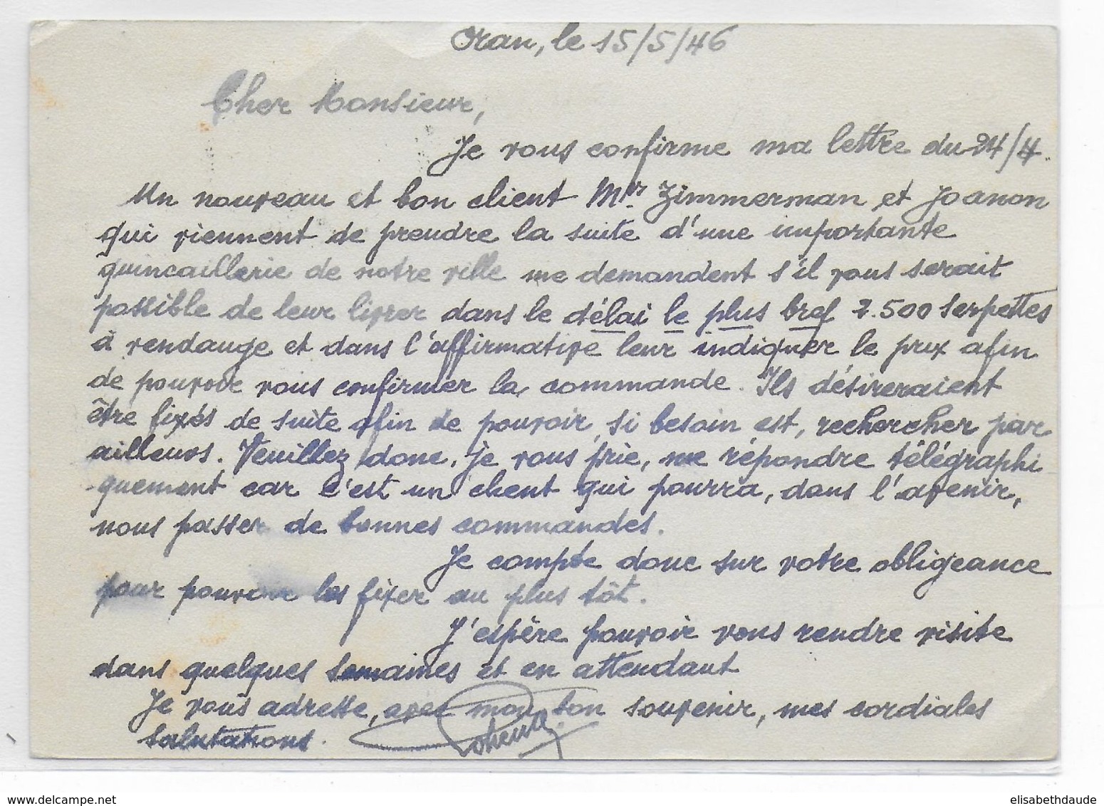 ALGERIE - 1946 - CARTE COMMERCIALE Par AVION De ORAN => THIERS - Cartas & Documentos