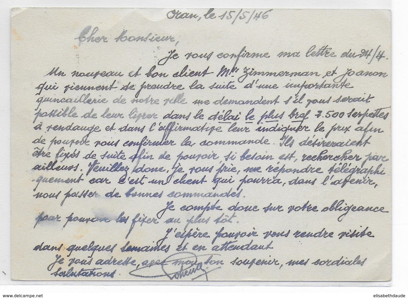 ALGERIE - 1946 - CARTE COMMERCIALE Par AVION De ORAN => THIERS - Lettres & Documents