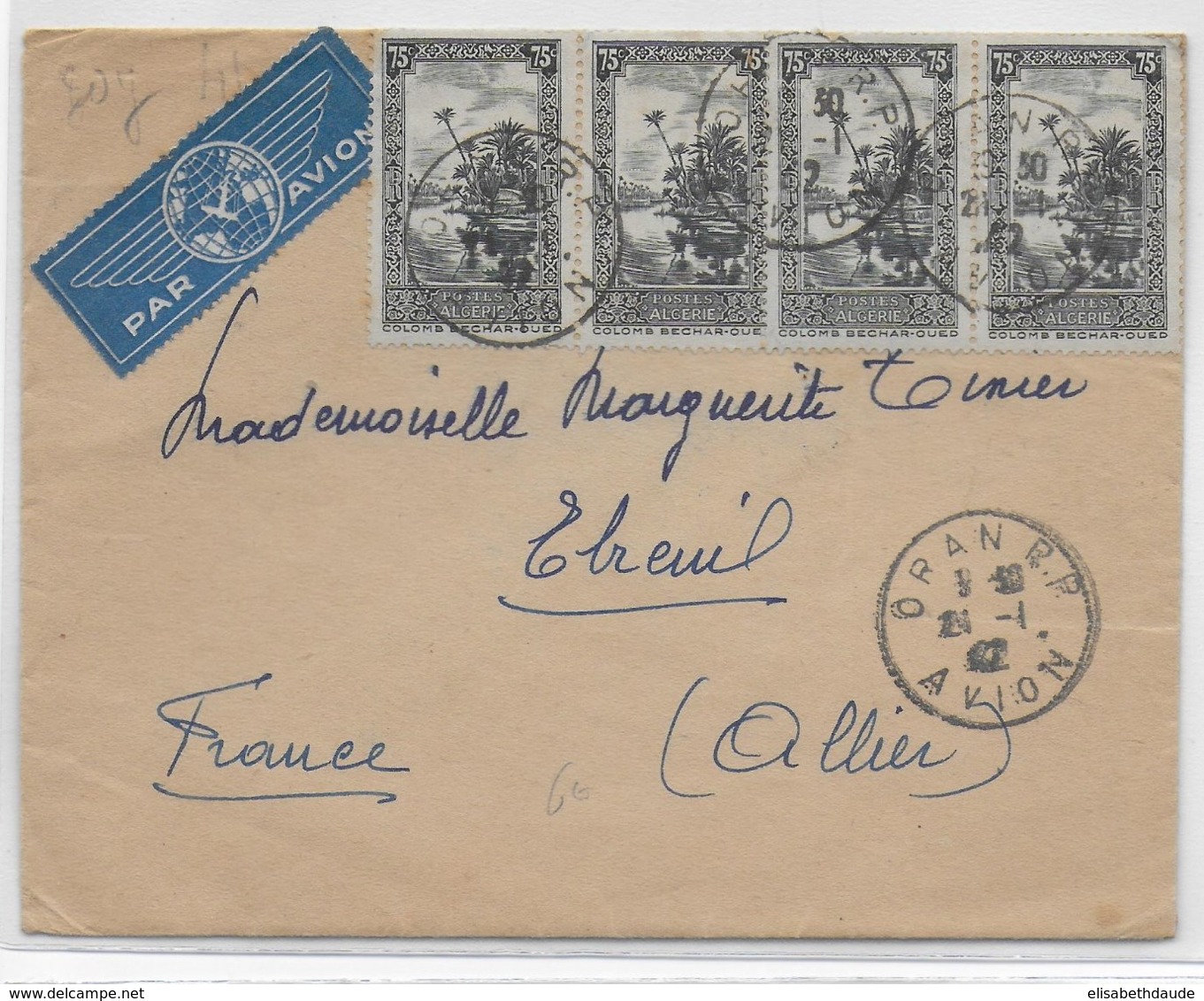 ALGERIE - 1942 - ENVELOPPE Par AVION De ORAN AVION => EBREUIL - Lettres & Documents