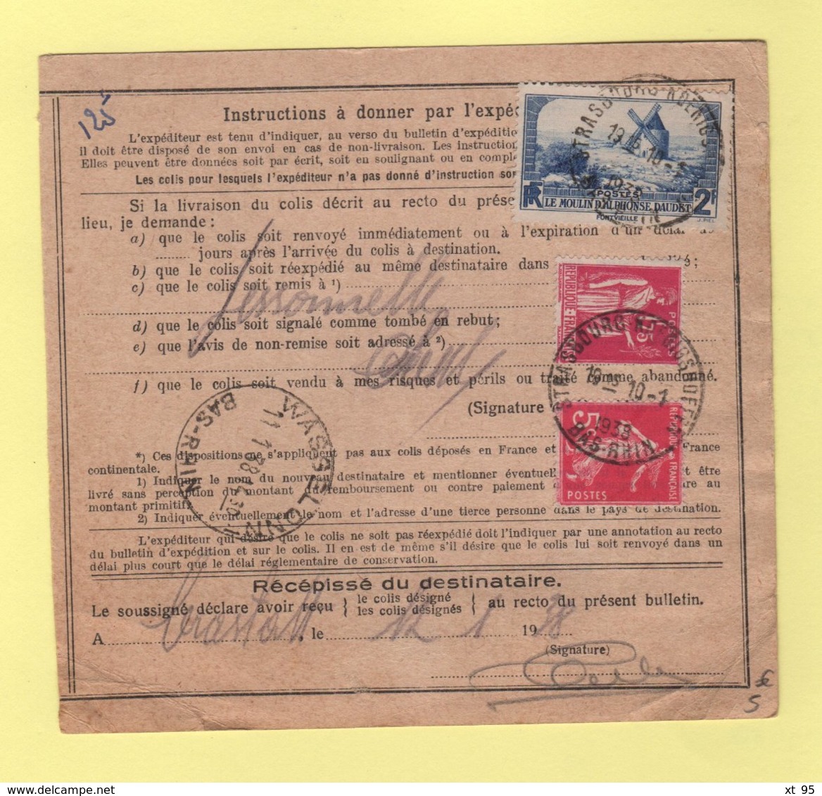 Bulletin D Expedition - Alsace Lorraine - Strasbourg Koenigshoffen - 1938 - 2f Moulin De Daudet + 1f75 Paix + 5c Semeuse - 1921-1960: Période Moderne