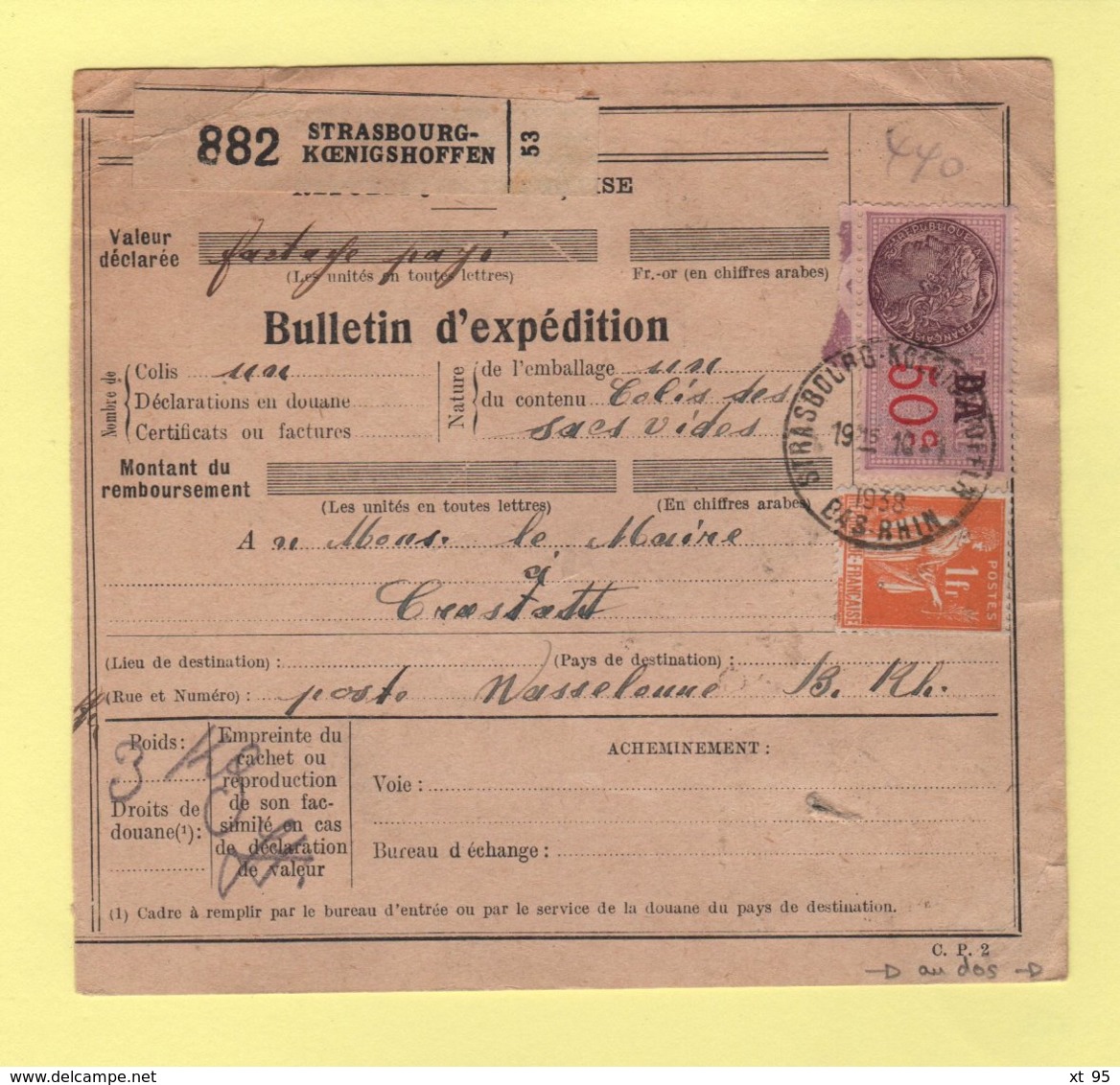 Bulletin D Expedition - Alsace Lorraine - Strasbourg Koenigshoffen - 1938 - 2f Moulin De Daudet + 1f75 Paix + 5c Semeuse - 1921-1960: Période Moderne