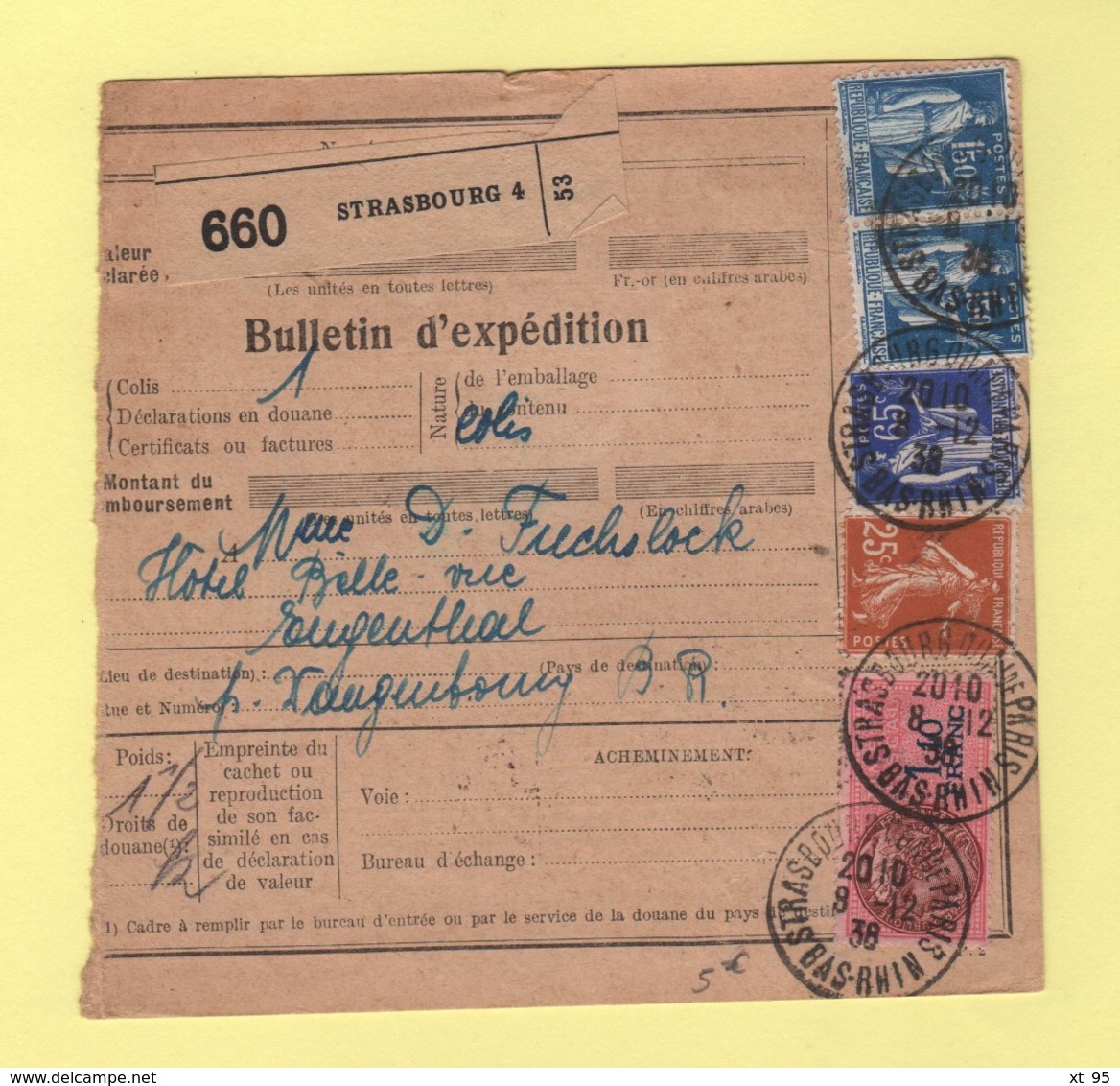 Bulletin D Expedition - Alsace Lorraine - Strasbourg - 1938 - Type Paix - 1921-1960: Moderne