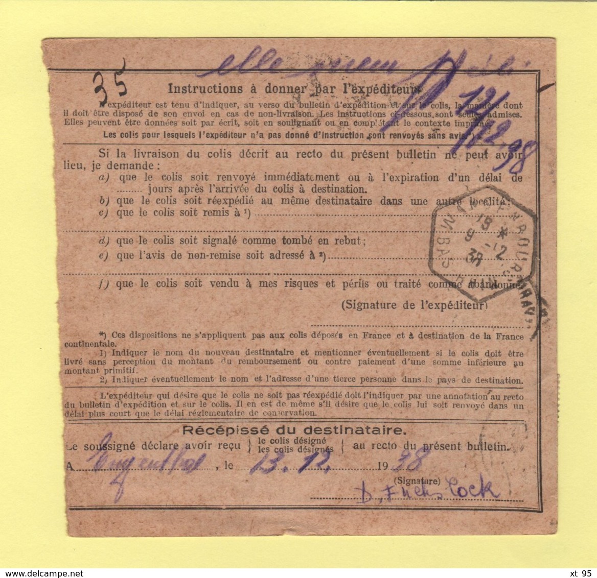 Bulletin D Expedition - Alsace Lorraine - Strasbourg - 1938 - Type Paix - 1921-1960: Moderne