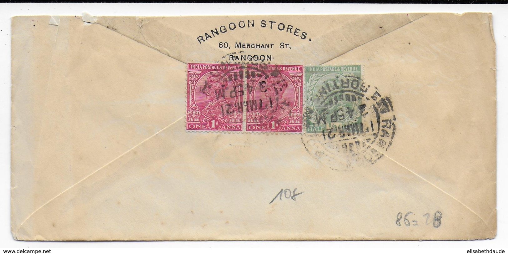 INDIA - 1921 - ENVELOPPE De RANGOON => BORDEAUX - 1911-35  George V
