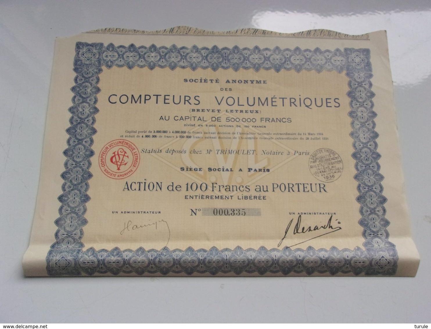 COMPTEURS VOLUMETRIQUES (100 Francs) Capital 0,5 Million (1936) - Autres & Non Classés